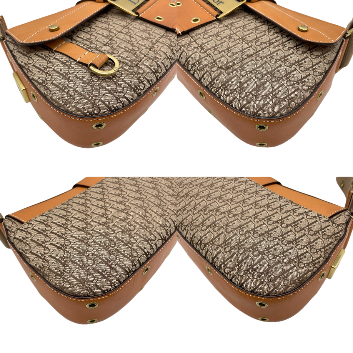 RARE★★★CHRISTIAN DIOR 2002 Street Chic Trotter Leather Canvas Punk Columbus Shoulder Bag Medium Brown Gold