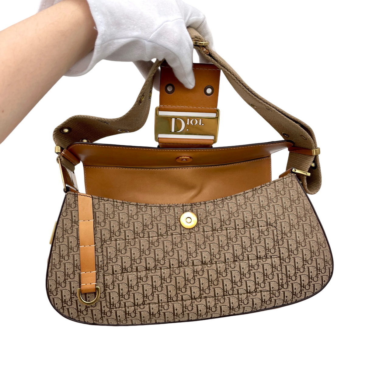 RARE★★★CHRISTIAN DIOR 2002 Street Chic Trotter Leather Canvas Punk Columbus Shoulder Bag Medium Brown Gold