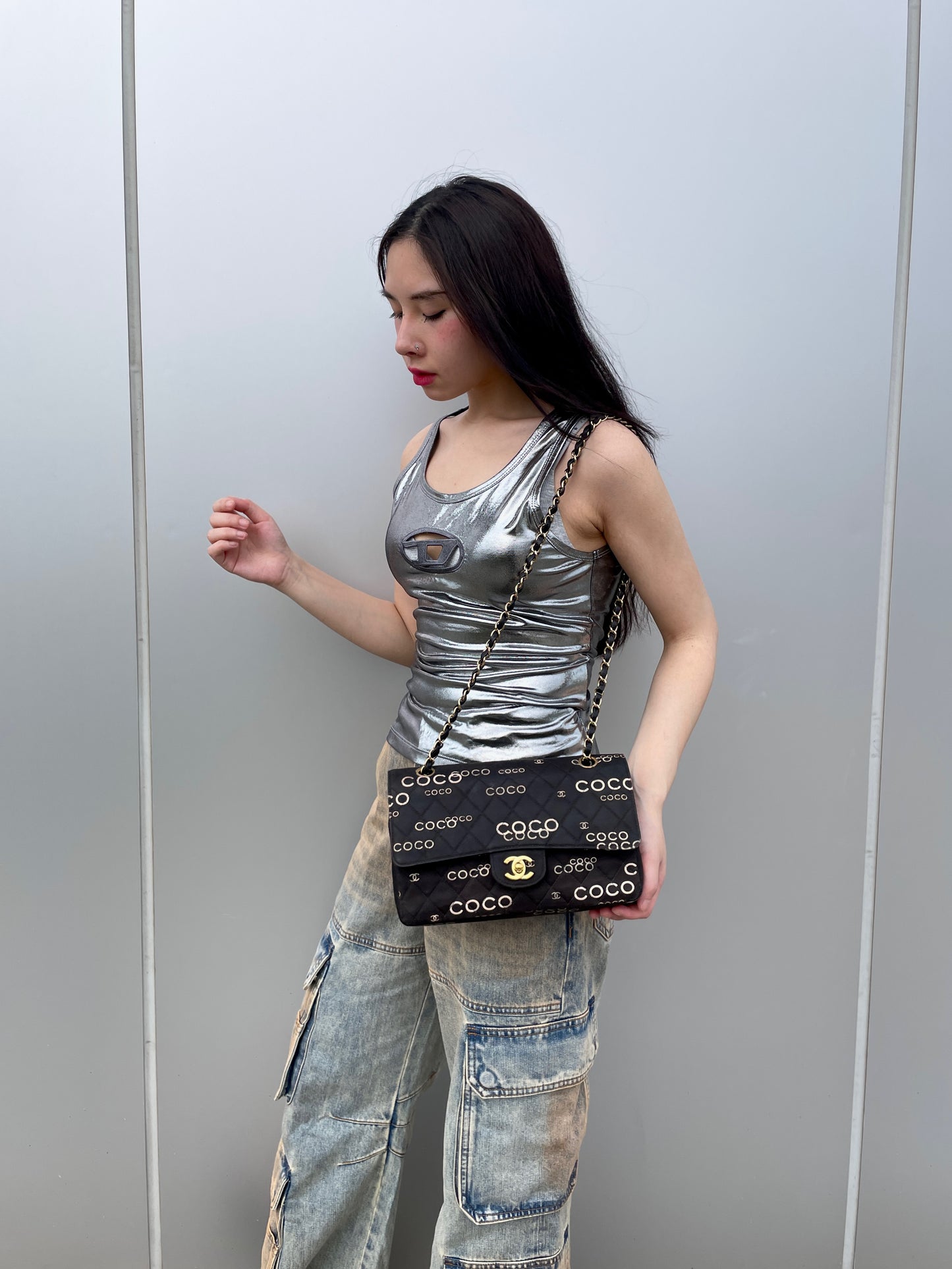 RARE☆☆☆☆☆CHANEL COCO Graffiti Classic Double Chain Shoulder Flap Bag Black & White #