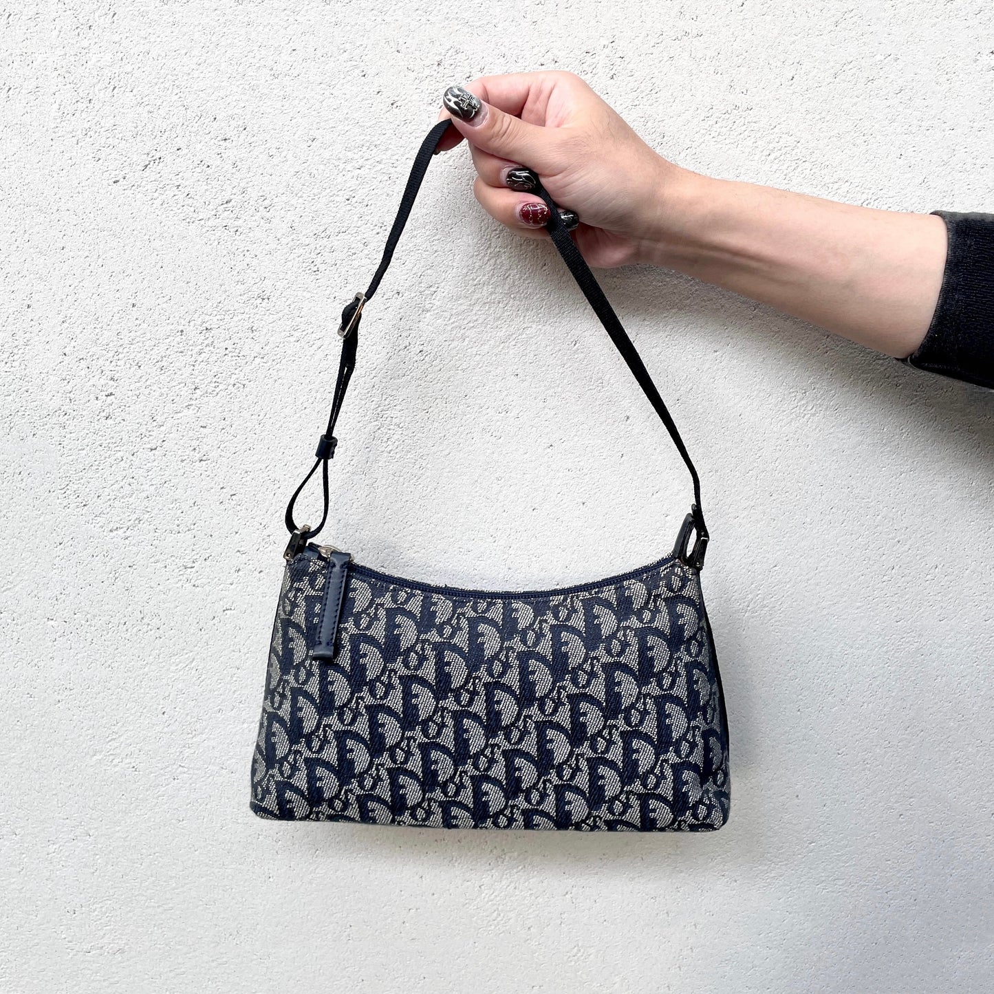 CHRISTIAN DIOR Trotter Canvas Accessories Pouch Hand Bag Navy & Silver