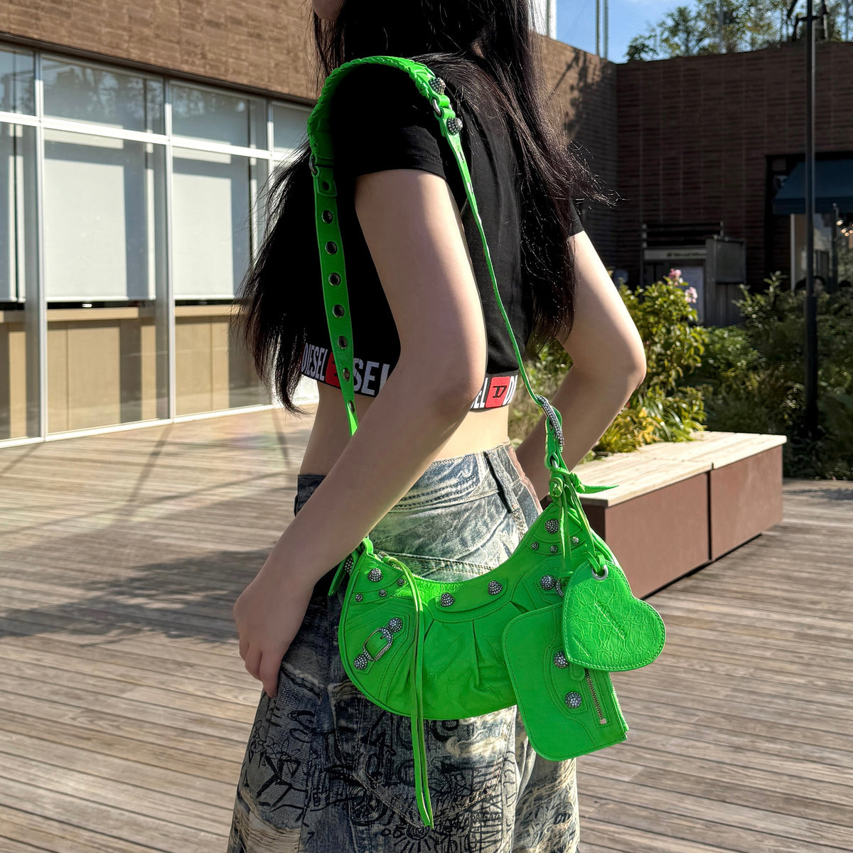 RARE★★★★Balenciaga Le Cagole Arena Lambskin Shoulder Bag XS Emerald Green Aged-Silver