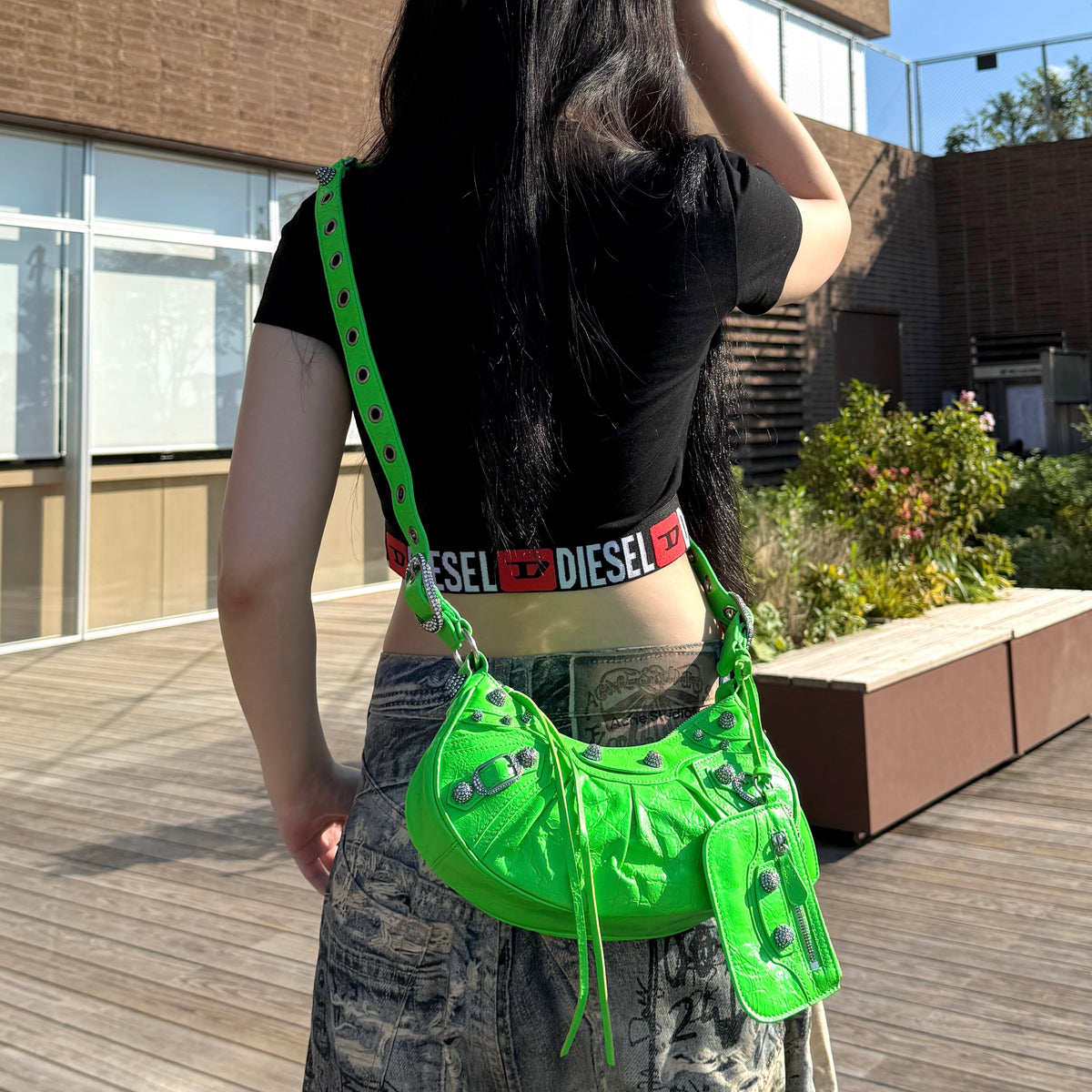 RARE★★★★Balenciaga Le Cagole Arena Lambskin Shoulder Bag XS Emerald Green Aged-Silver