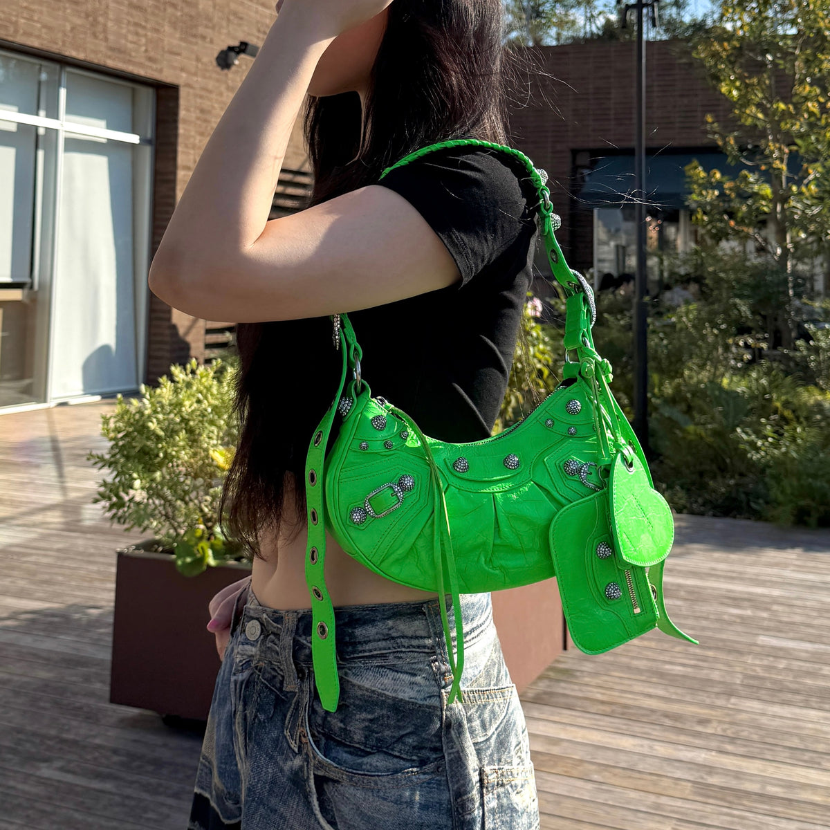 RARE★★★★Balenciaga Le Cagole Arena Lambskin Shoulder Bag XS Emerald Green Aged-Silver