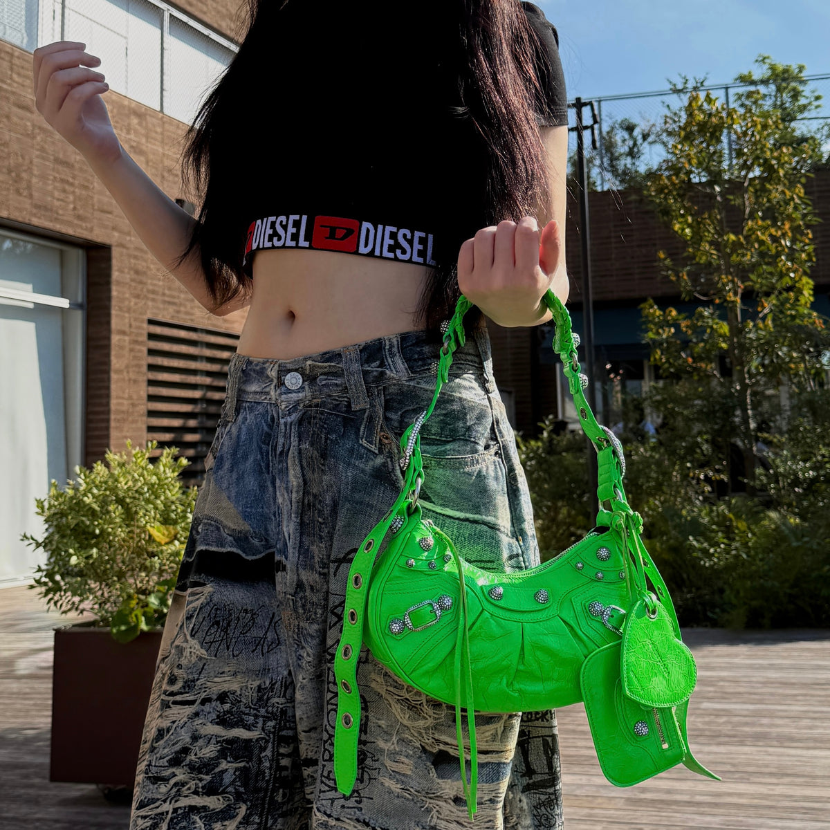 RARE★★★★Balenciaga Le Cagole Arena Lambskin Shoulder Bag XS Emerald Green Aged-Silver