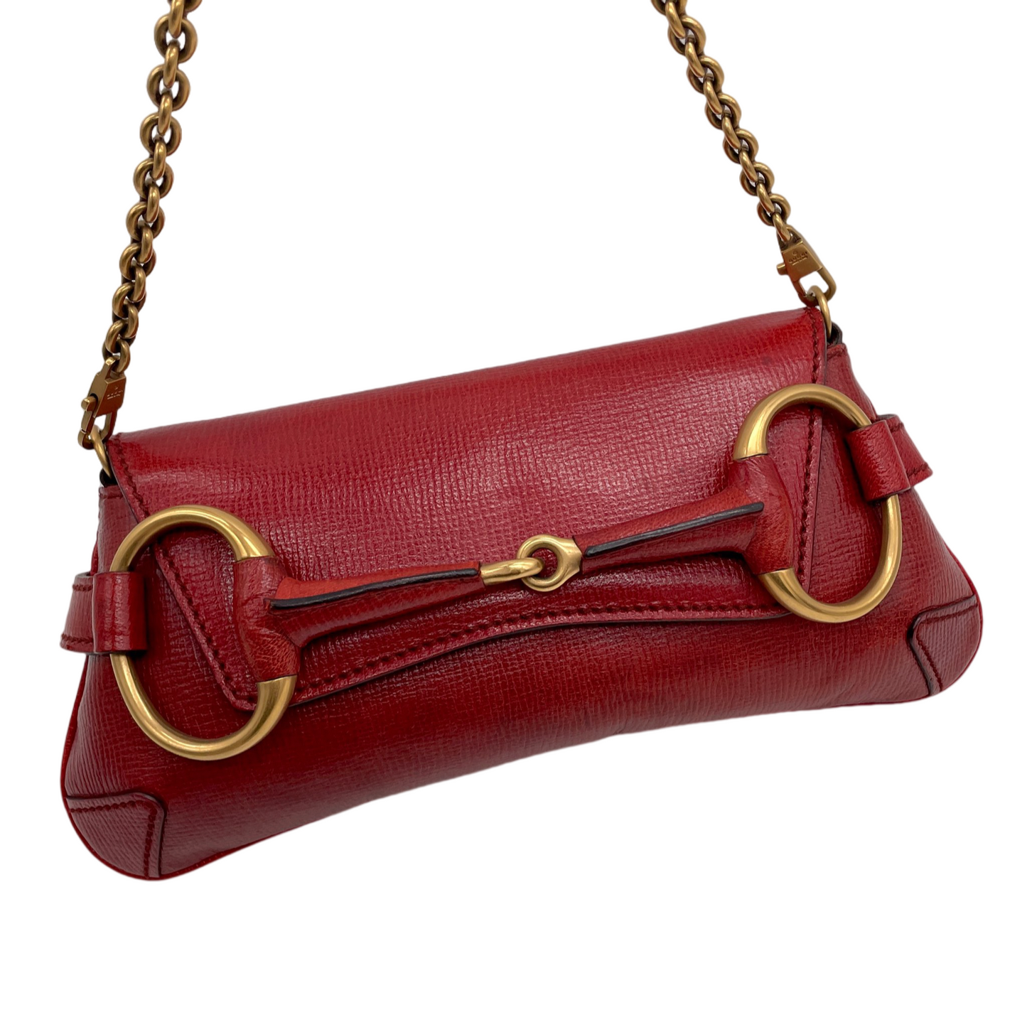 RARE☆☆☆☆GUCCI Leather Horsebit Chain Shoulder Flap Bag Red & Gold