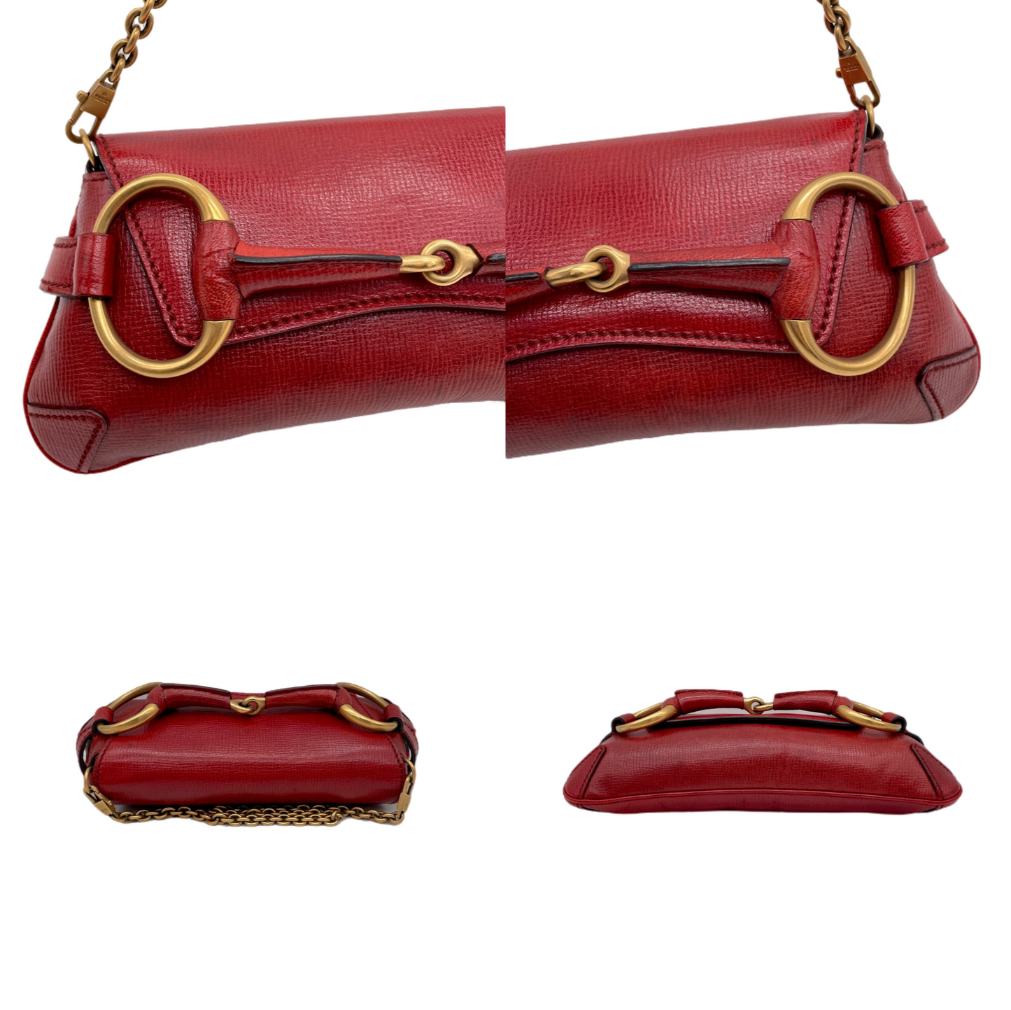 RARE☆☆☆☆GUCCI Leather Horsebit Chain Shoulder Flap Bag Red & Gold