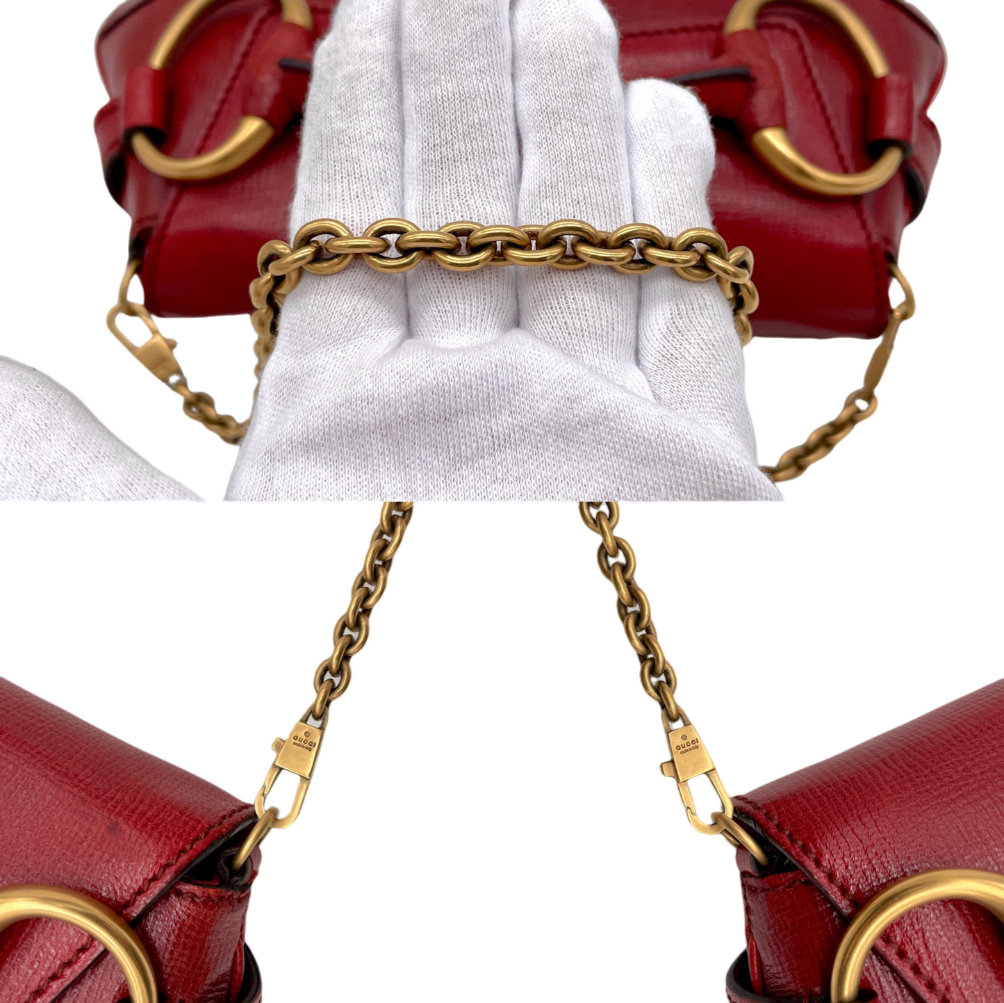RARE☆☆☆☆GUCCI Leather Horsebit Chain Shoulder Flap Bag Red & Gold
