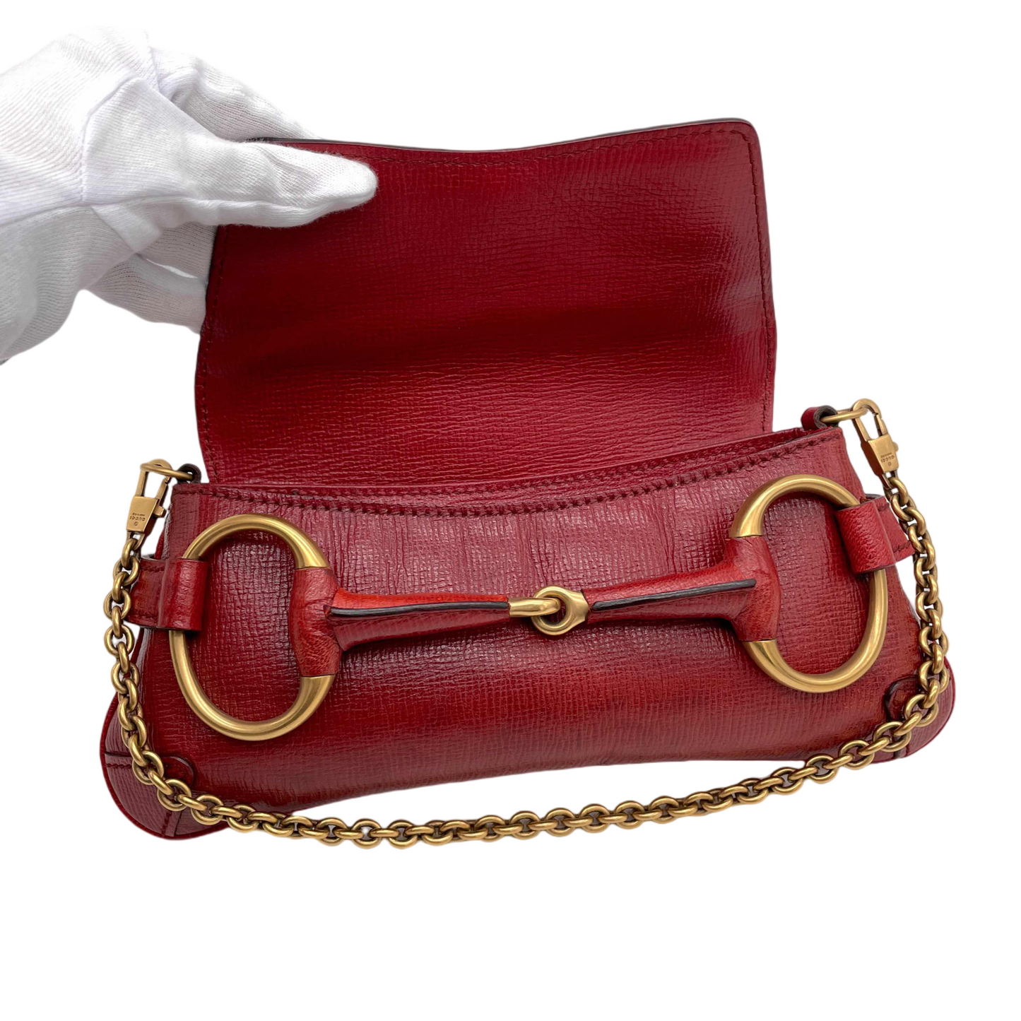 RARE☆☆☆☆GUCCI Leather Horsebit Chain Shoulder Flap Bag Red & Gold