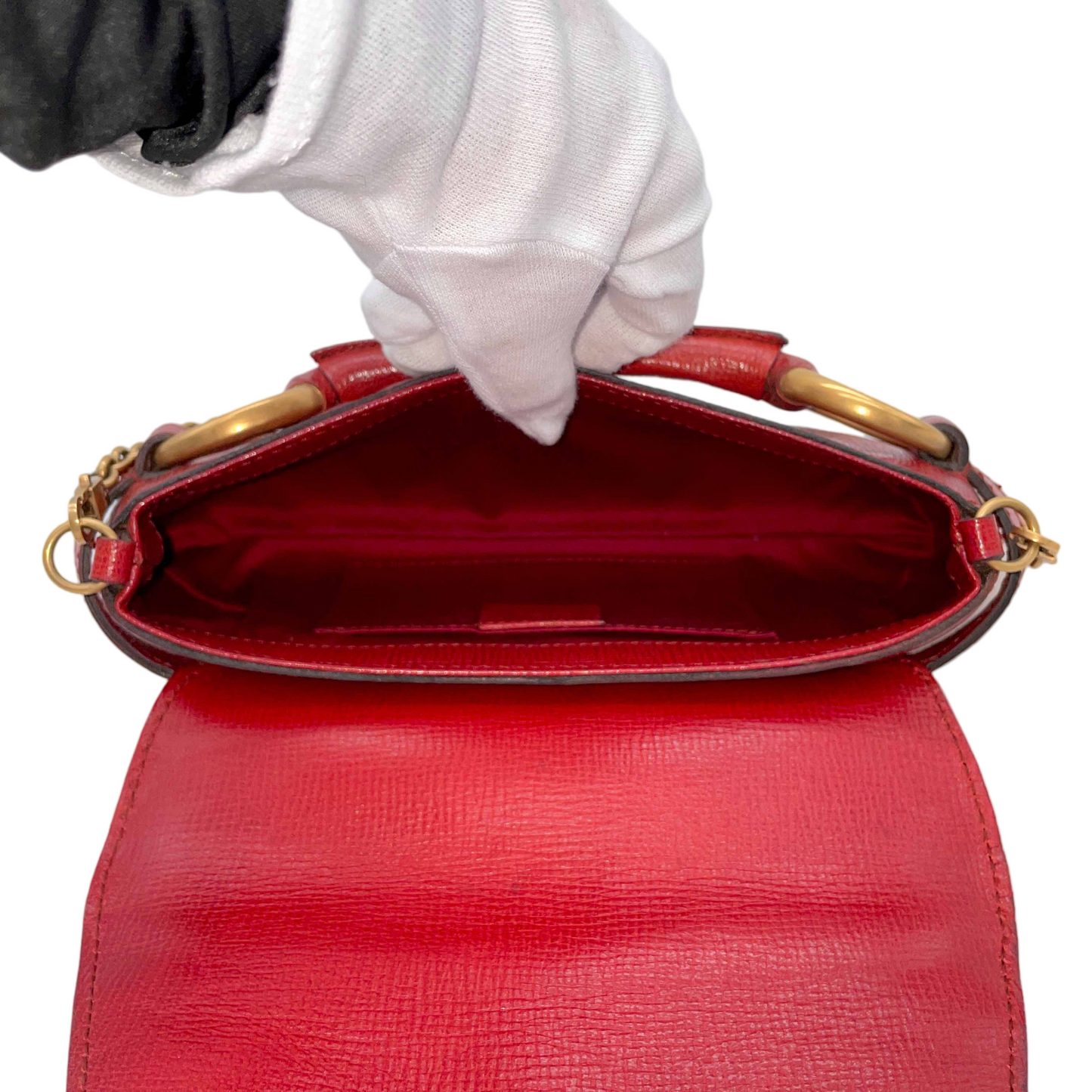 RARE☆☆☆☆GUCCI Leather Horsebit Chain Shoulder Flap Bag Red & Gold