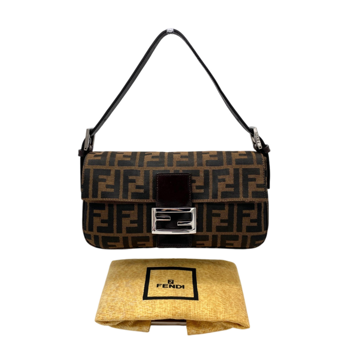 FENDI Zucca Canvas Mamma Baguette PM Shoulder Bag Brown & Silver