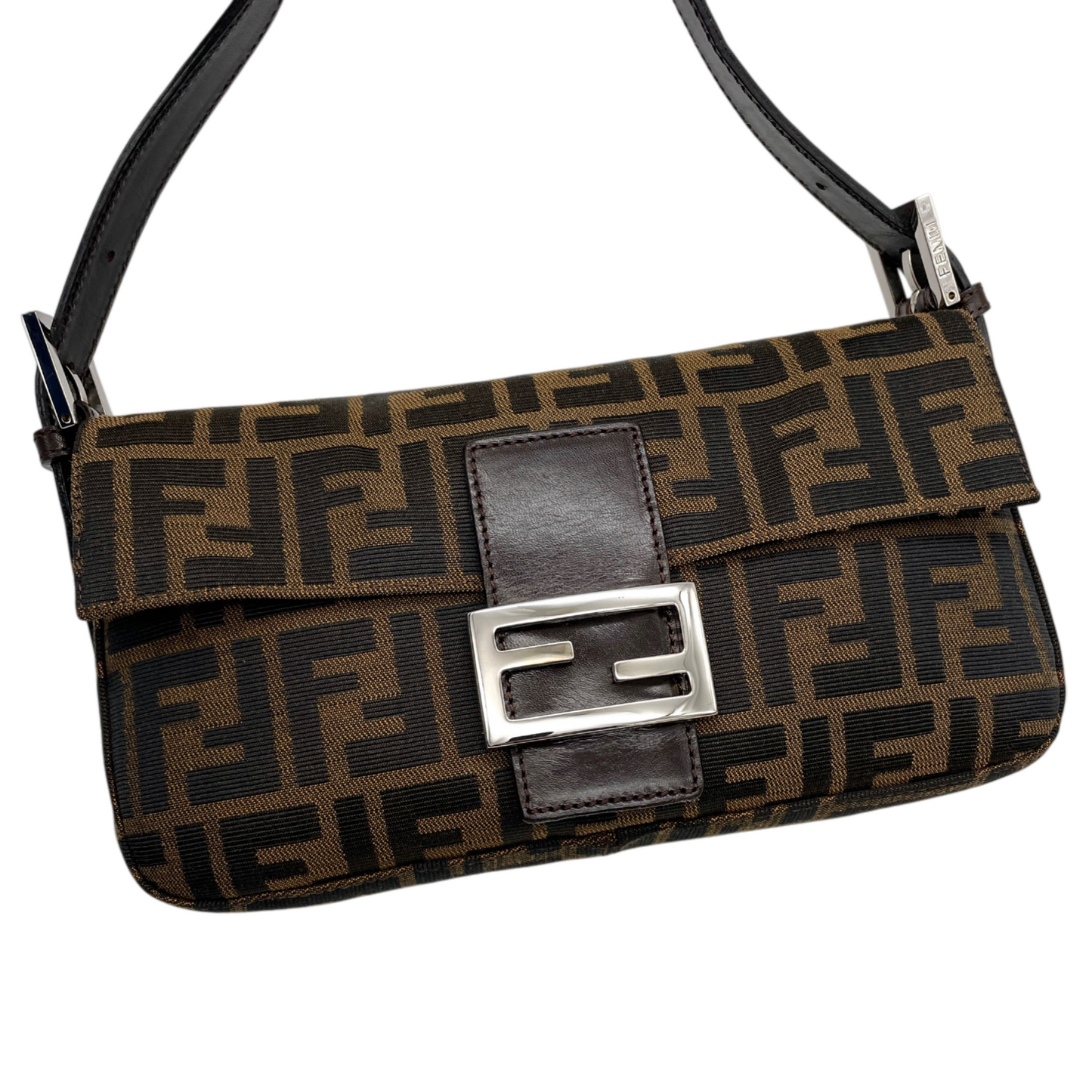 FENDI Zucca Canvas Mamma Baguette PM Shoulder Bag Brown & Silver