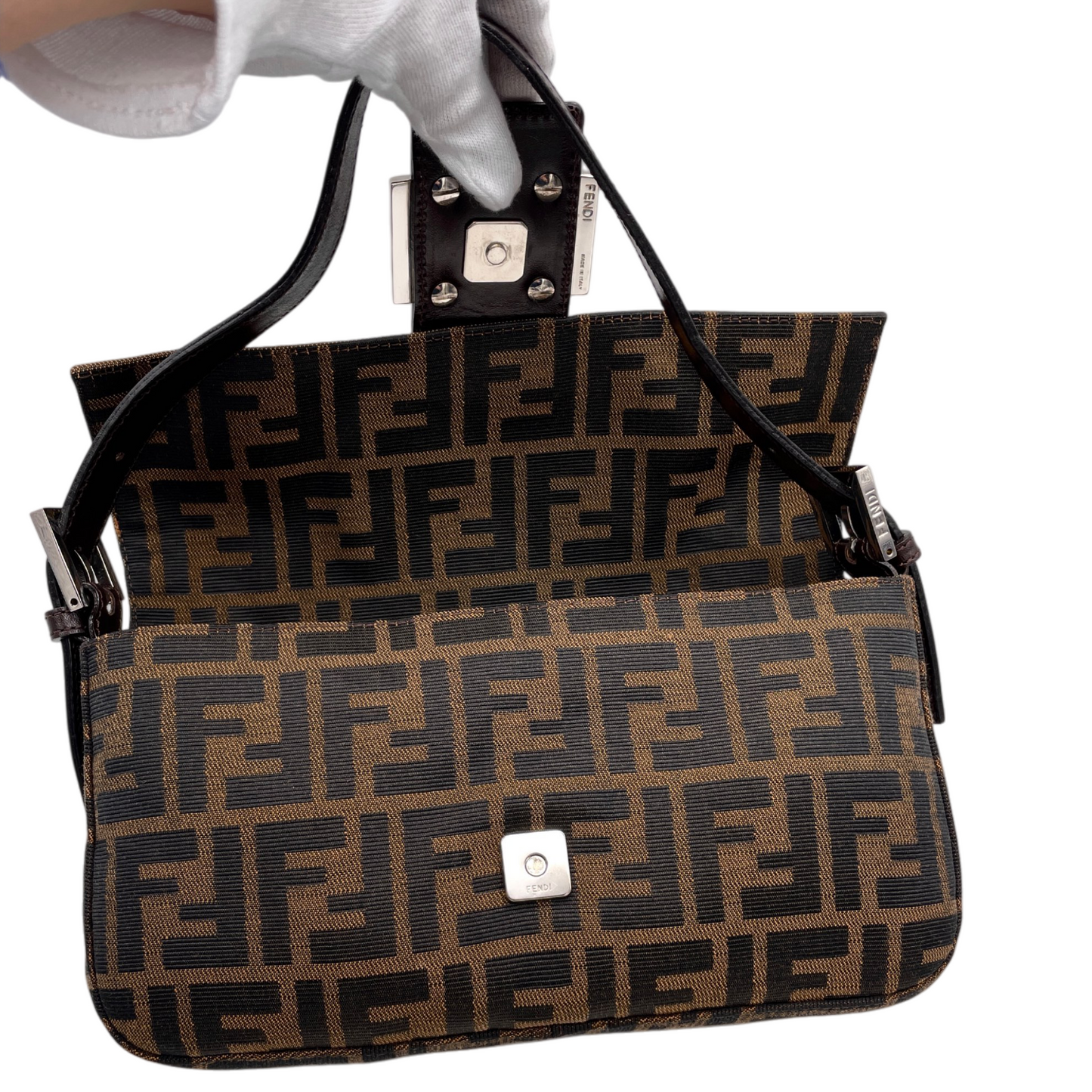 FENDI Zucca Canvas Mamma Baguette PM Shoulder Bag Brown & Silver