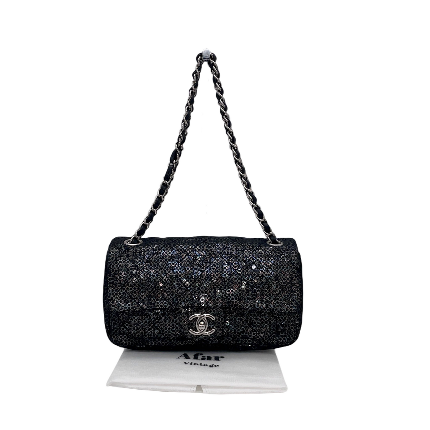 RARE☆☆☆☆CHANEL 2008 Matelassé Mesh Sequins Double Chain Shoulder Single Flap Bag Black &amp; Silver