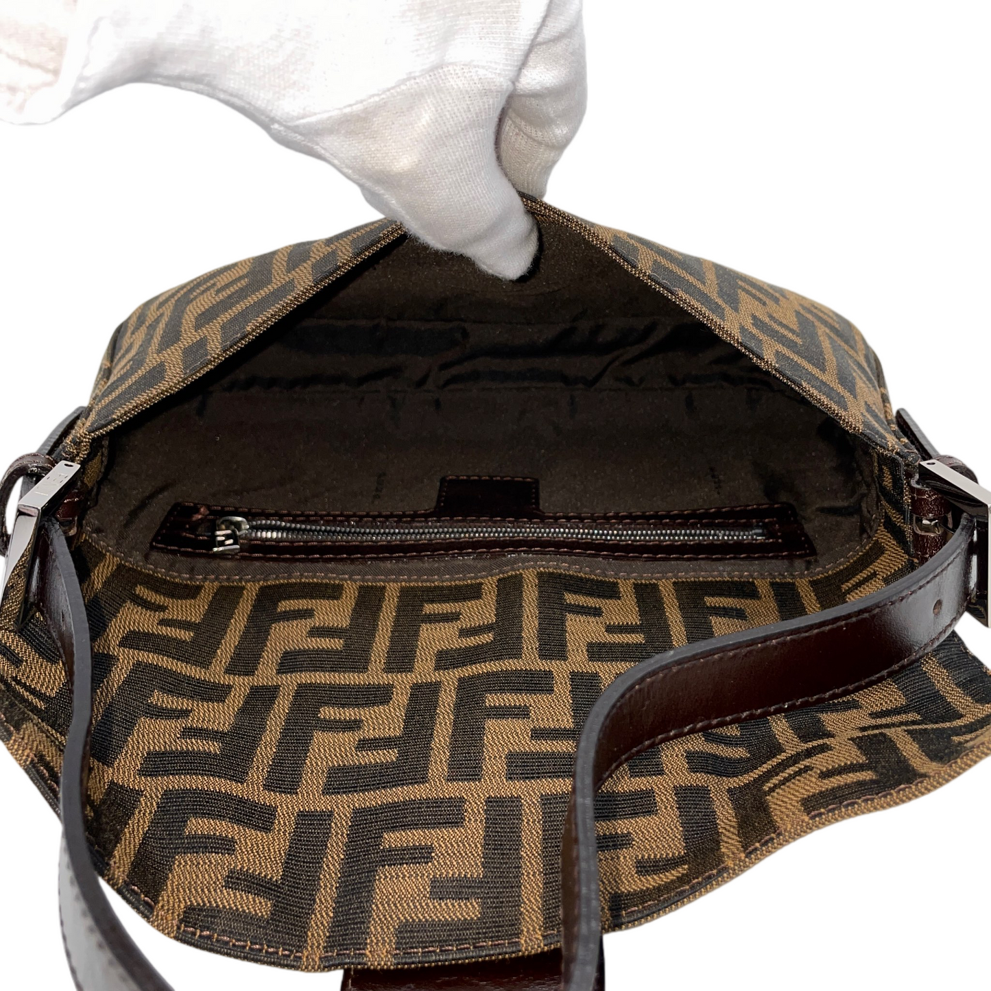 FENDI Zucca Canvas Mamma Baguette PM Shoulder Bag Brown & Silver