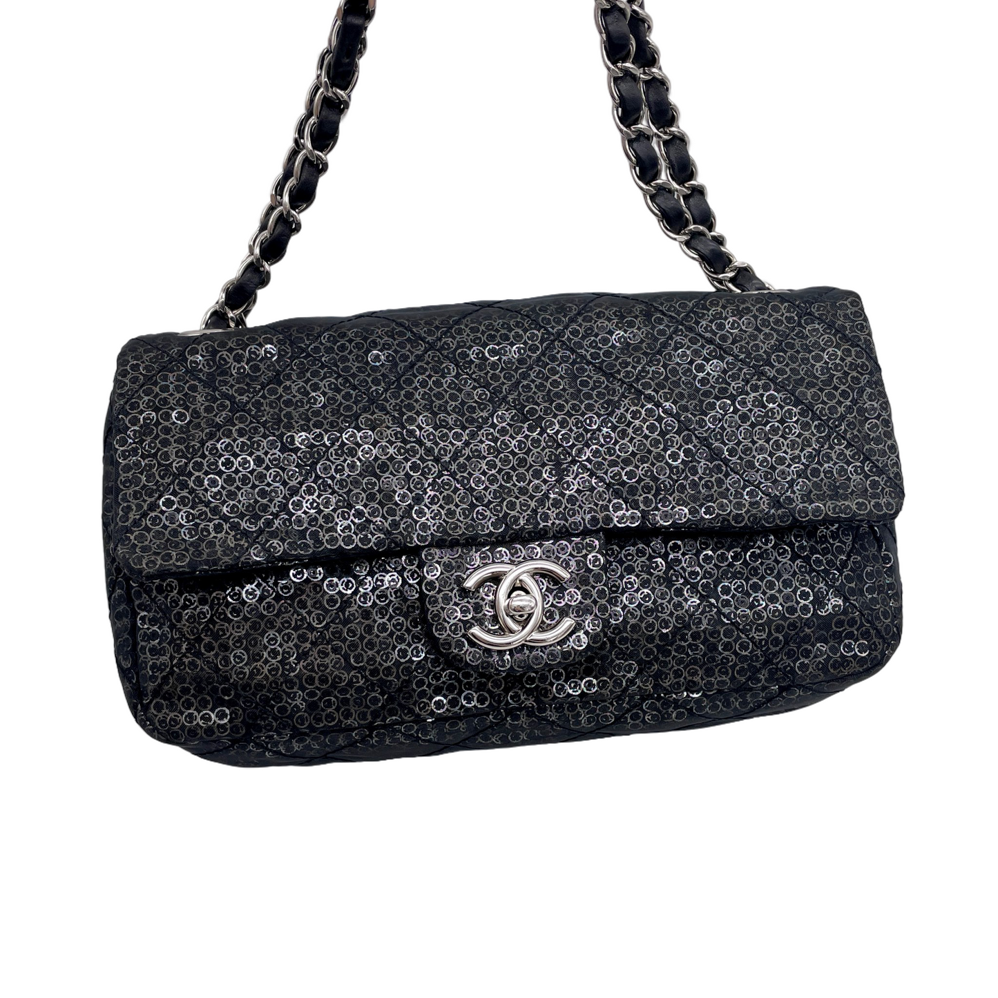 RARE☆☆☆☆CHANEL 2008 Matelassé Mesh Sequins Double Chain Shoulder Single Flap Bag Black &amp; Silver