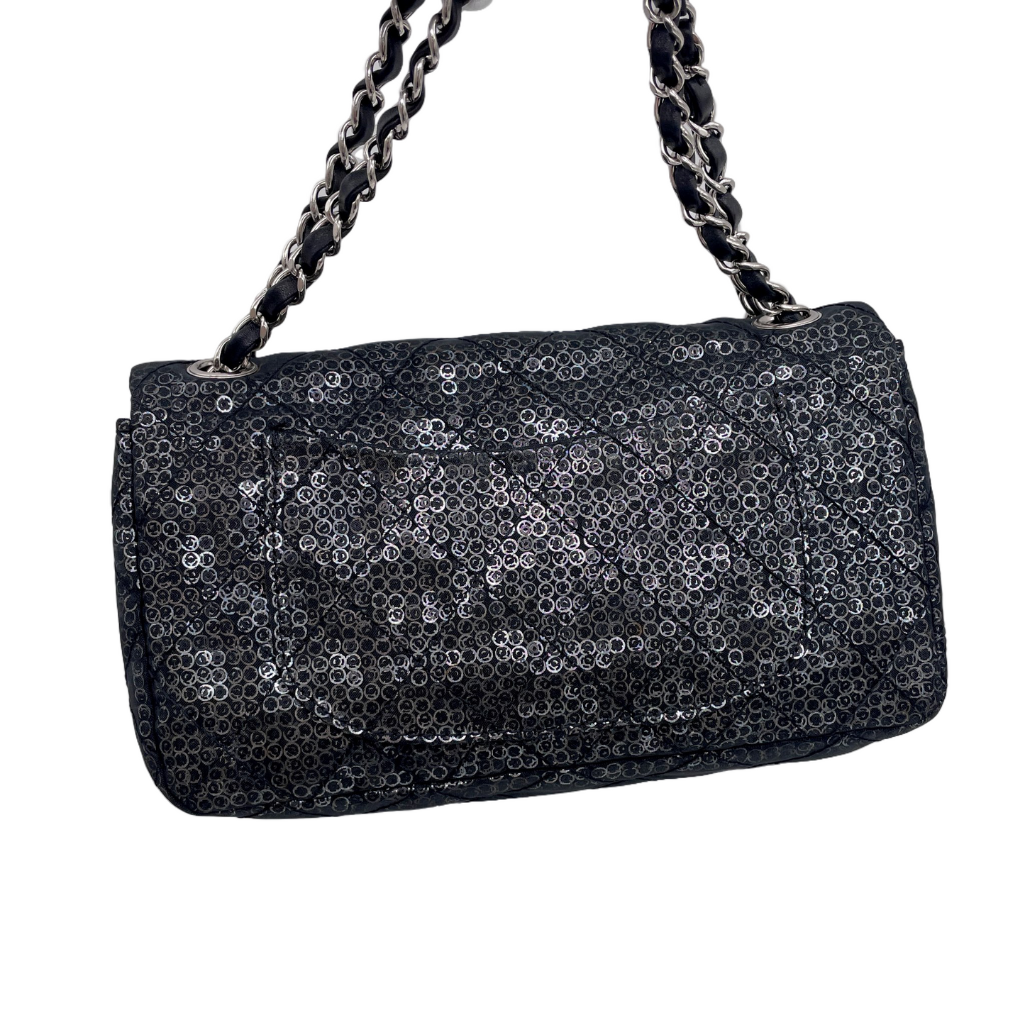 RARE☆☆☆☆CHANEL 2008 Matelassé Mesh Sequins Double Chain Shoulder Single Flap Bag Black &amp; Silver