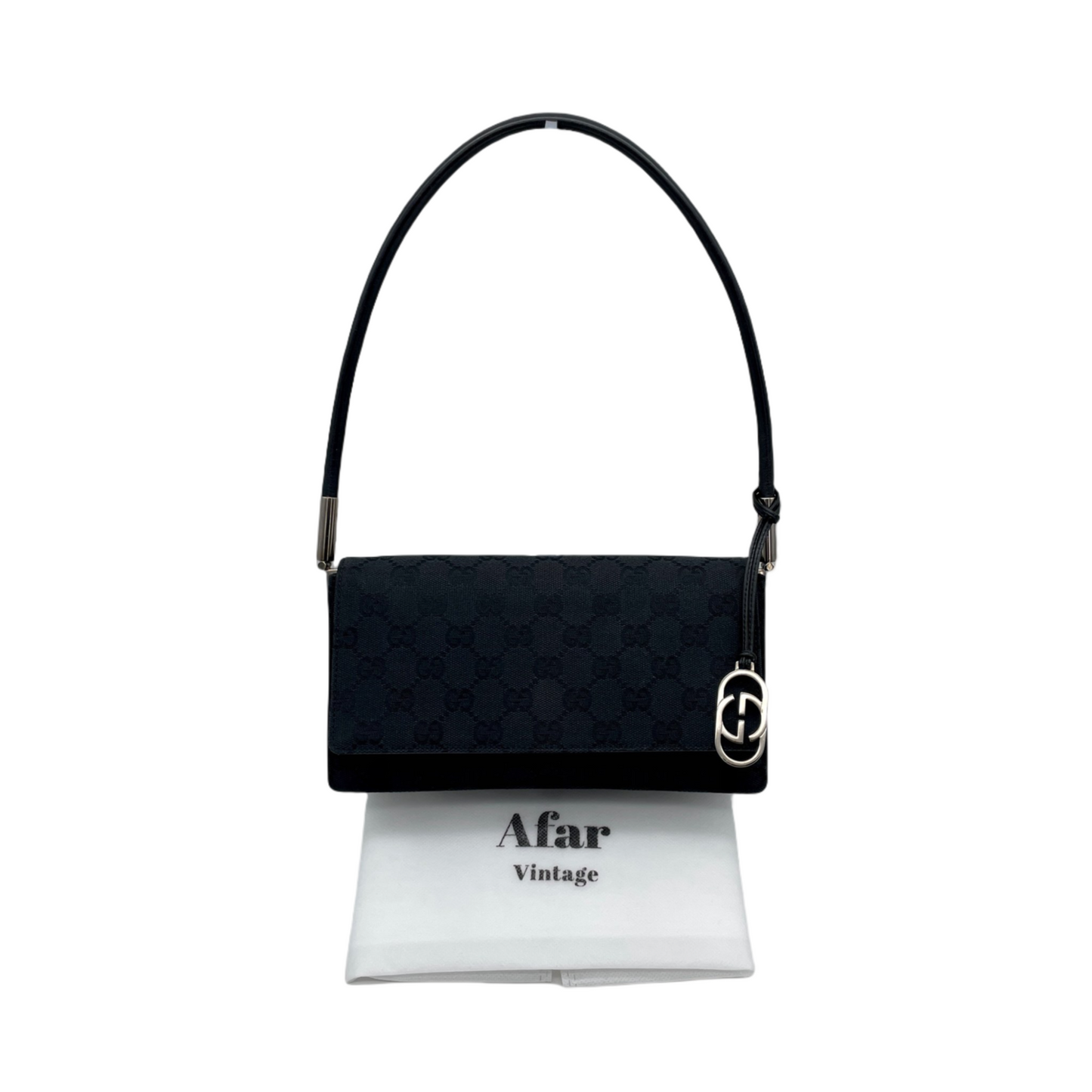 GUCCI GG Canvas On Shoulder Flap Bag Black &amp; Silver