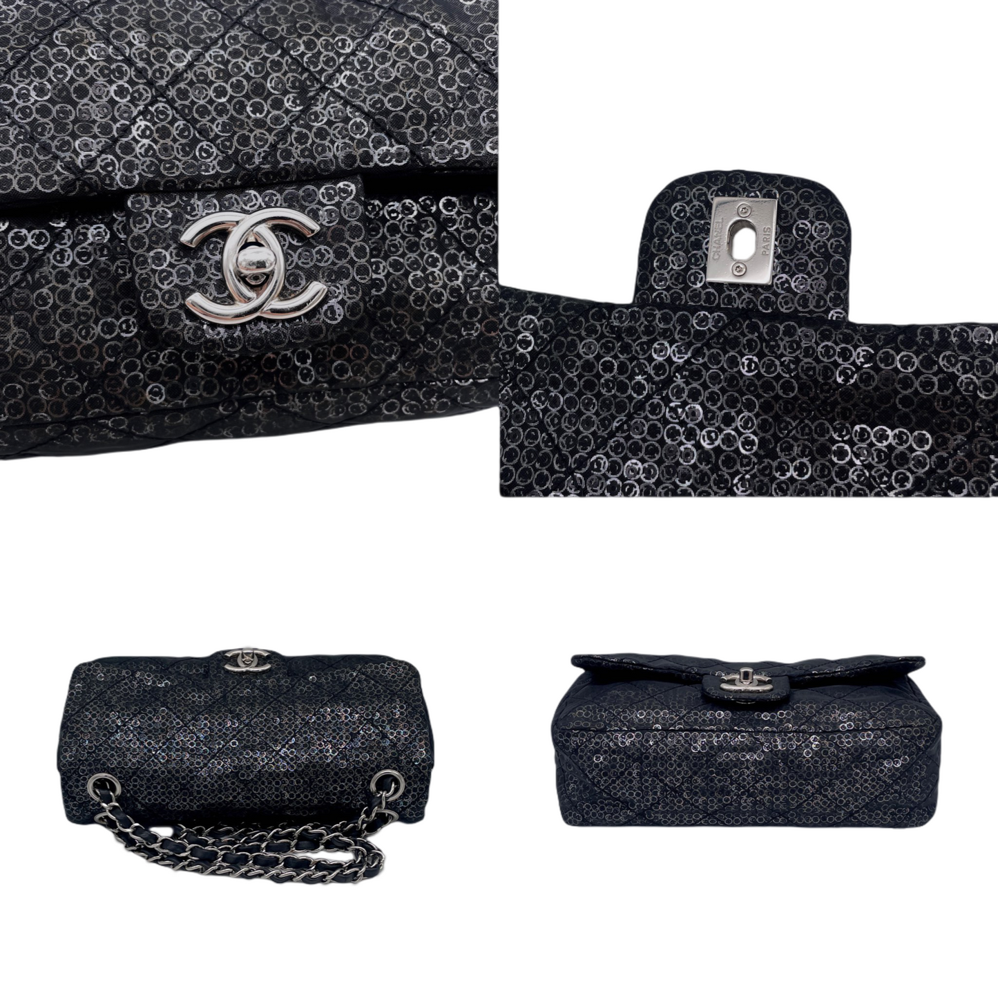 RARE☆☆☆☆CHANEL 2008 Matelassé Mesh Sequins Double Chain Shoulder Single Flap Bag Black &amp; Silver
