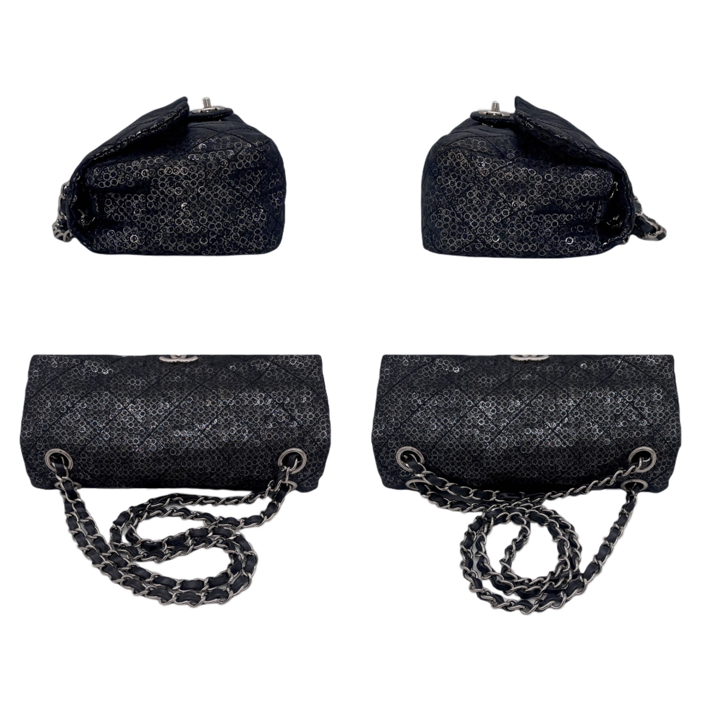 RARE☆☆☆☆CHANEL 2008 Matelassé Mesh Sequins Double Chain Shoulder Single Flap Bag Black &amp; Silver