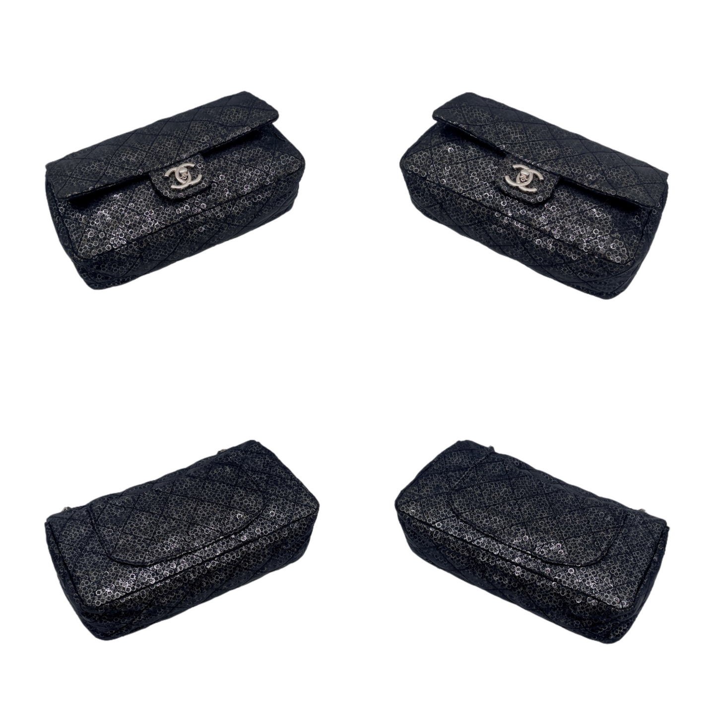 RARE☆☆☆☆CHANEL 2008 Matelassé Mesh Sequins Double Chain Shoulder Single Flap Bag Black &amp; Silver