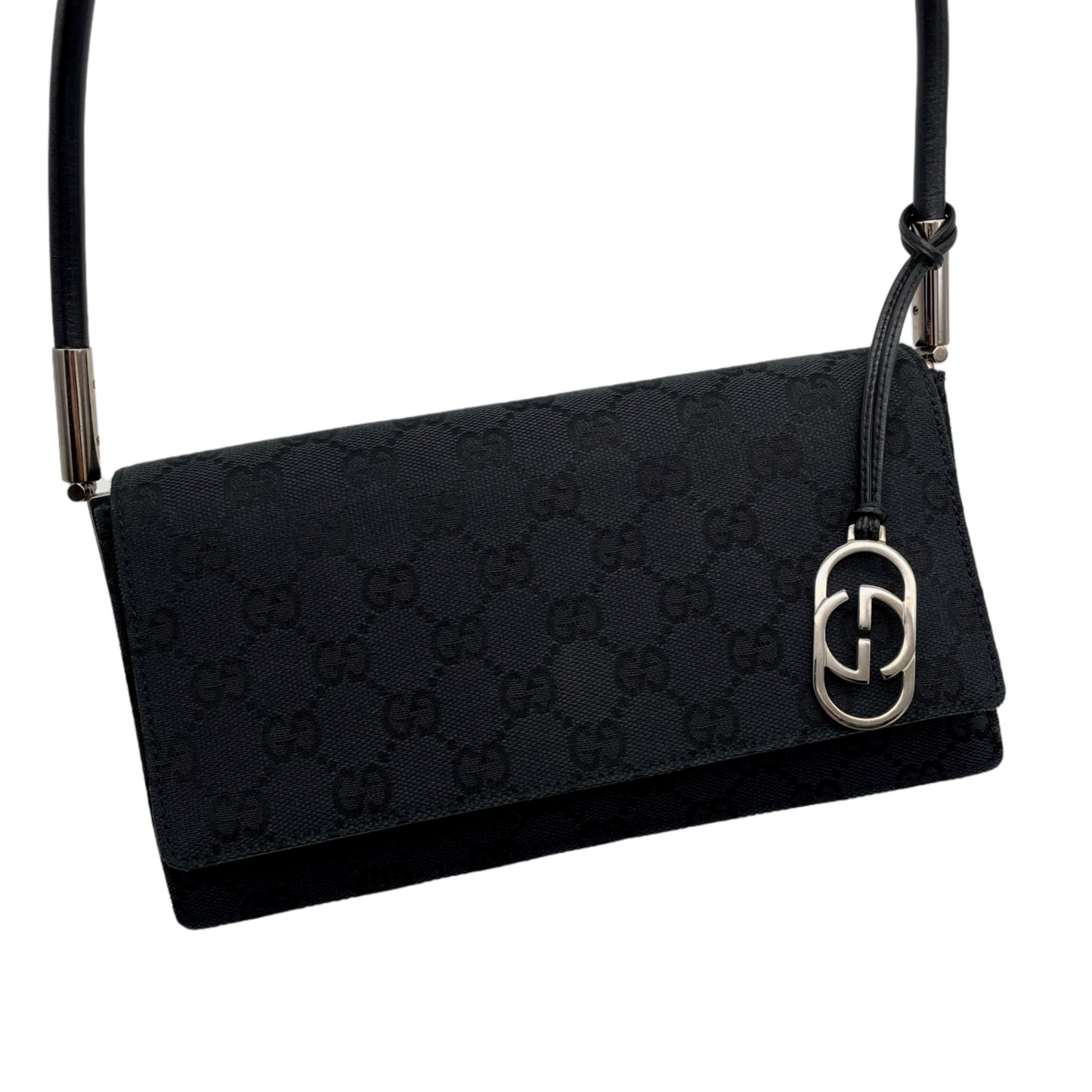 GUCCI GG Canvas On Shoulder Flap Bag Black &amp; Silver