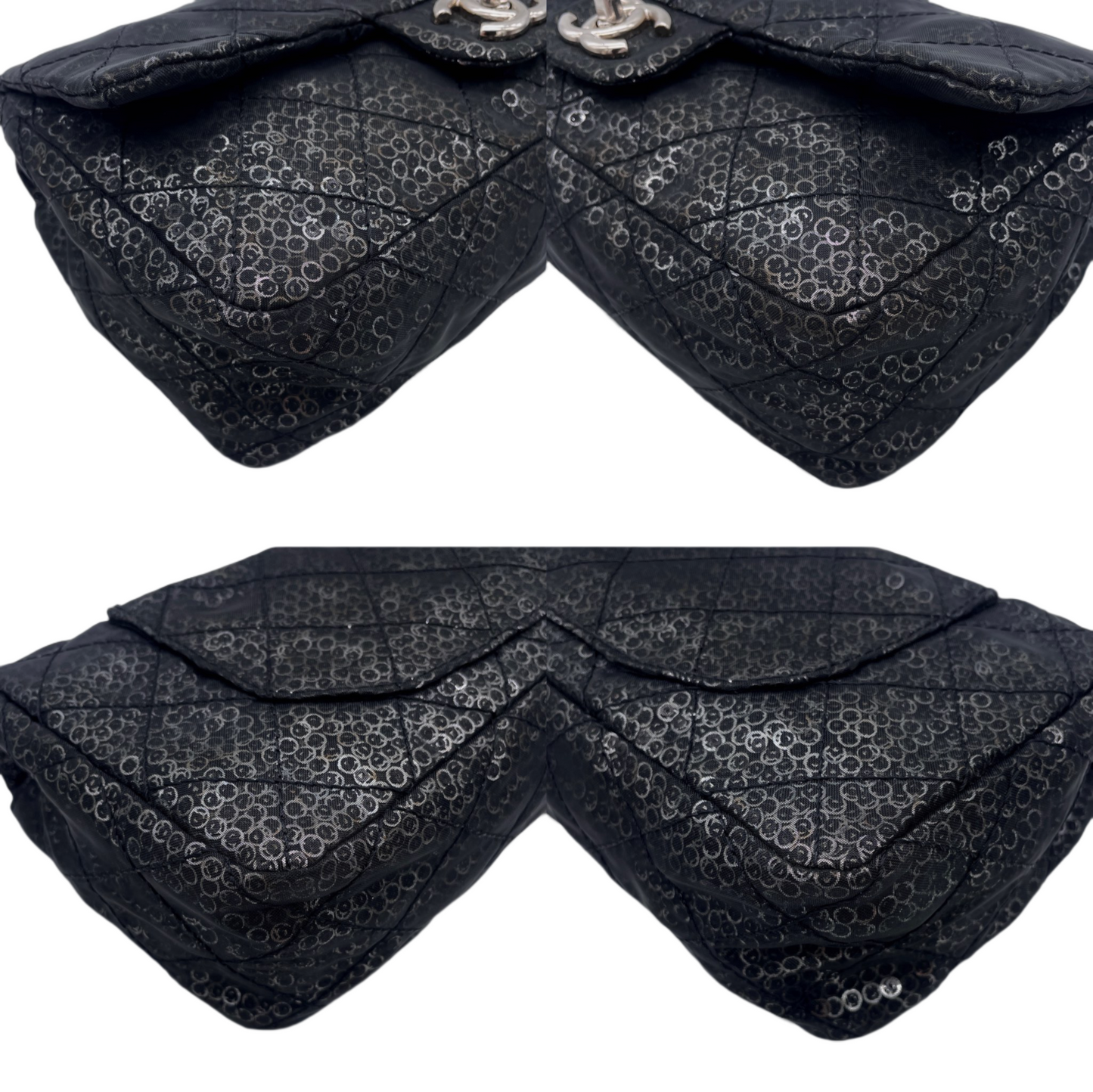RARE☆☆☆☆CHANEL 2008 Matelassé Mesh Sequins Double Chain Shoulder Single Flap Bag Black &amp; Silver