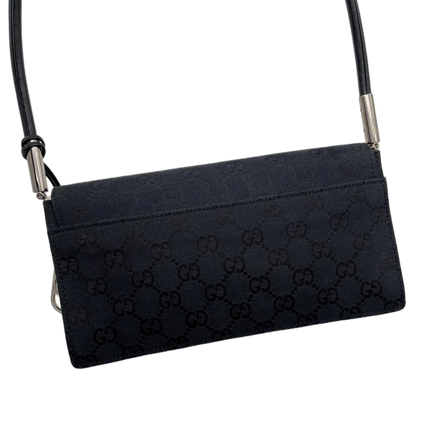 GUCCI GG Canvas On Shoulder Flap Bag Black &amp; Silver