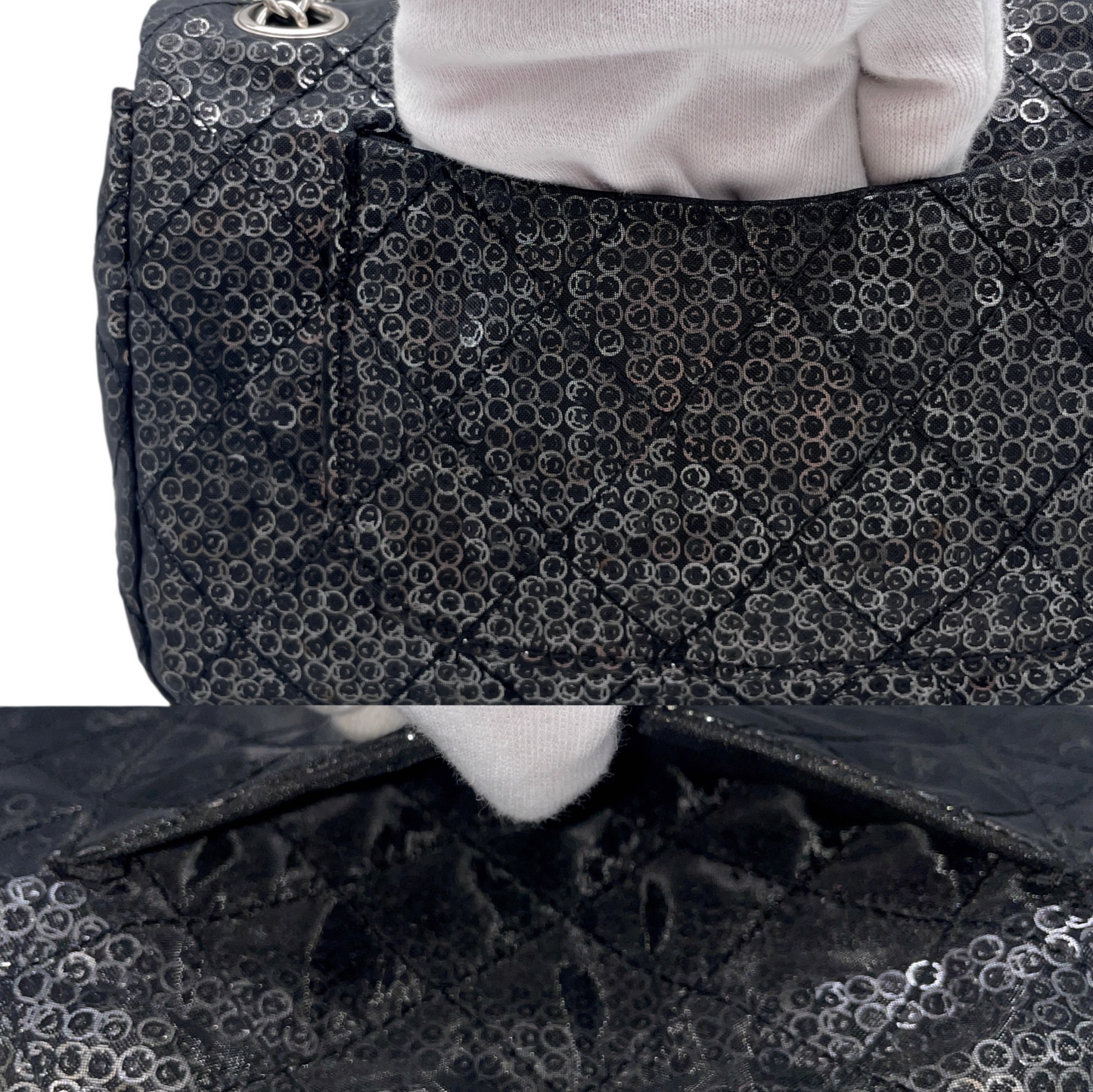 RARE☆☆☆☆CHANEL 2008 Matelassé Mesh Sequins Double Chain Shoulder Single Flap Bag Black &amp; Silver