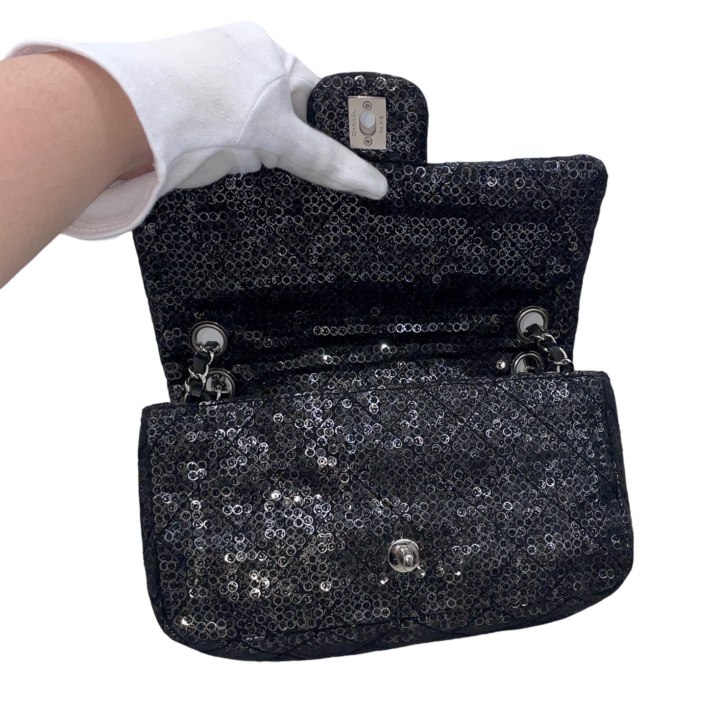 RARE☆☆☆☆CHANEL 2008 Matelassé Mesh Sequins Double Chain Shoulder Single Flap Bag Black &amp; Silver