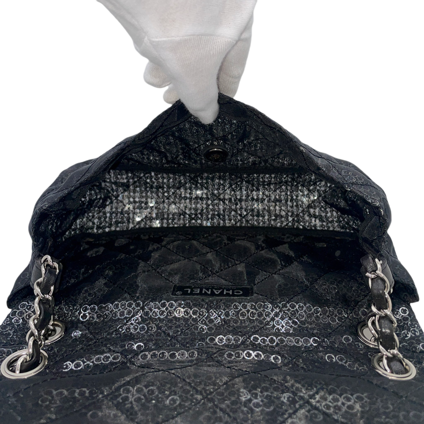 RARE☆☆☆☆CHANEL 2008 Matelassé Mesh Sequins Double Chain Shoulder Single Flap Bag Black &amp; Silver