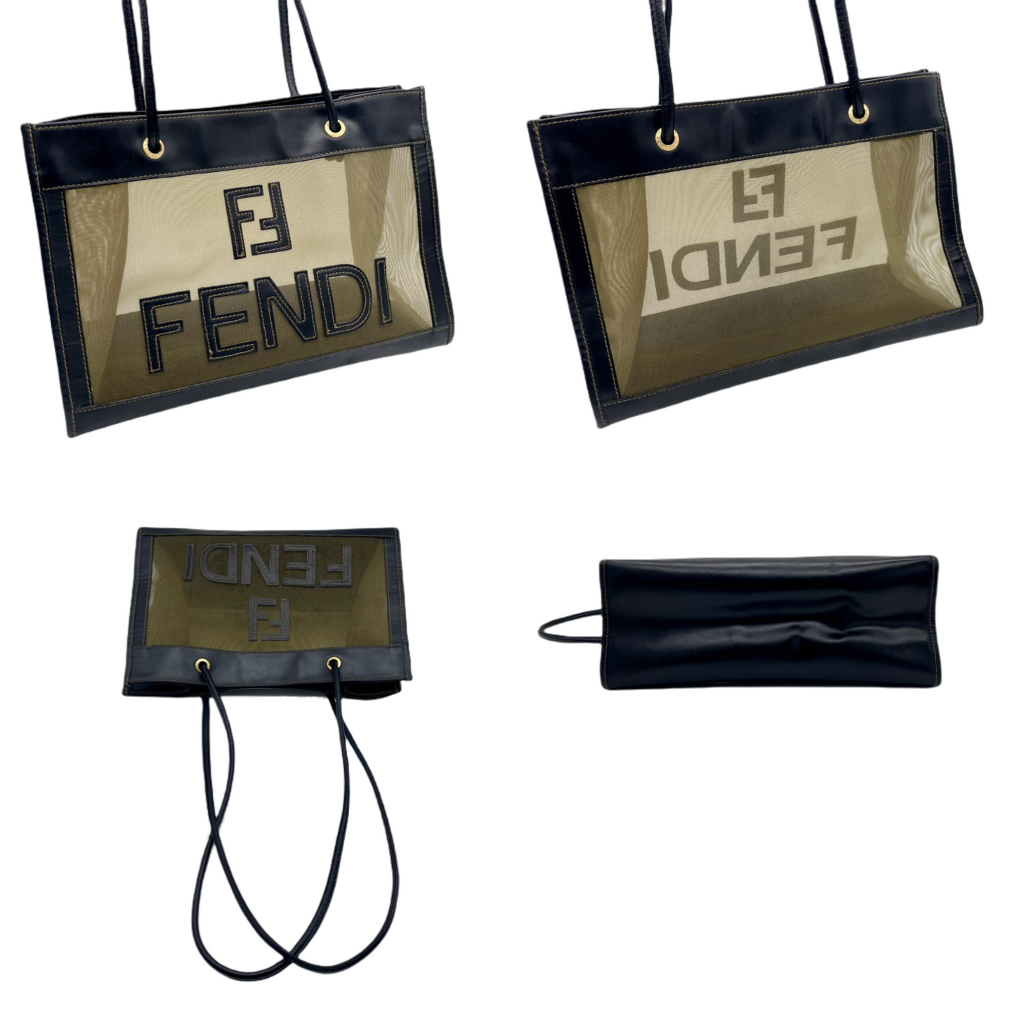 FENDI logo mesh shoulder bag tote bag khaki/black