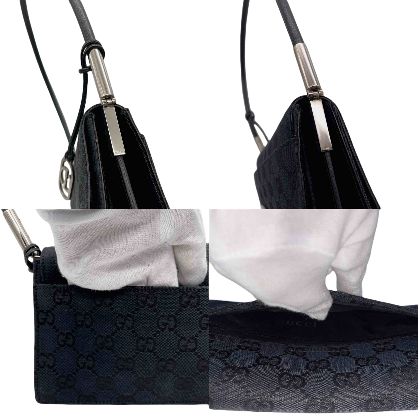 GUCCI GG Canvas On Shoulder Flap Bag Black &amp; Silver