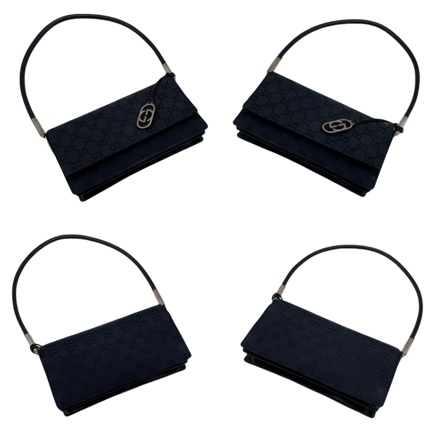 GUCCI GG Canvas On Shoulder Flap Bag Black &amp; Silver
