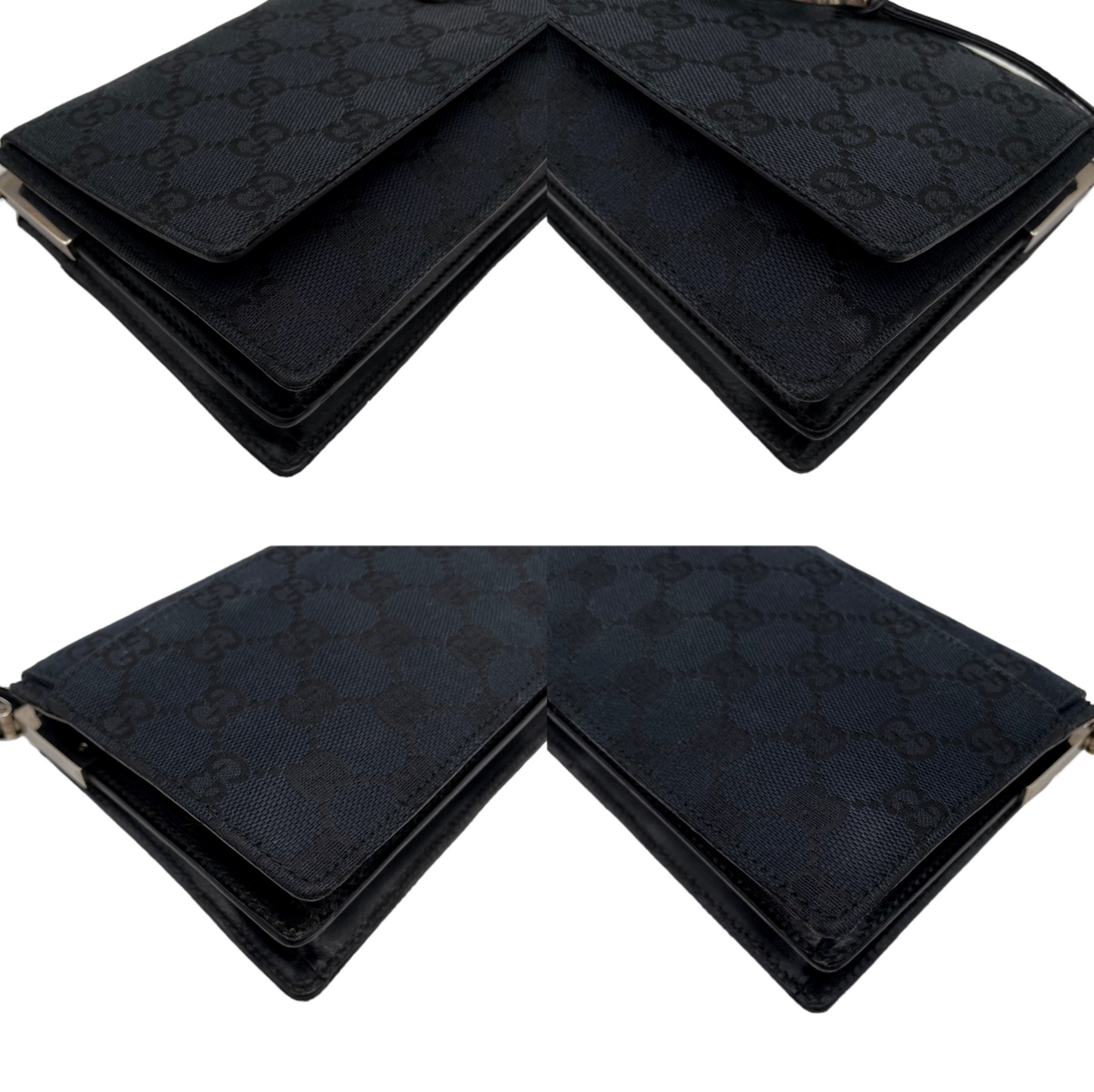 GUCCI GG Canvas On Shoulder Flap Bag Black &amp; Silver