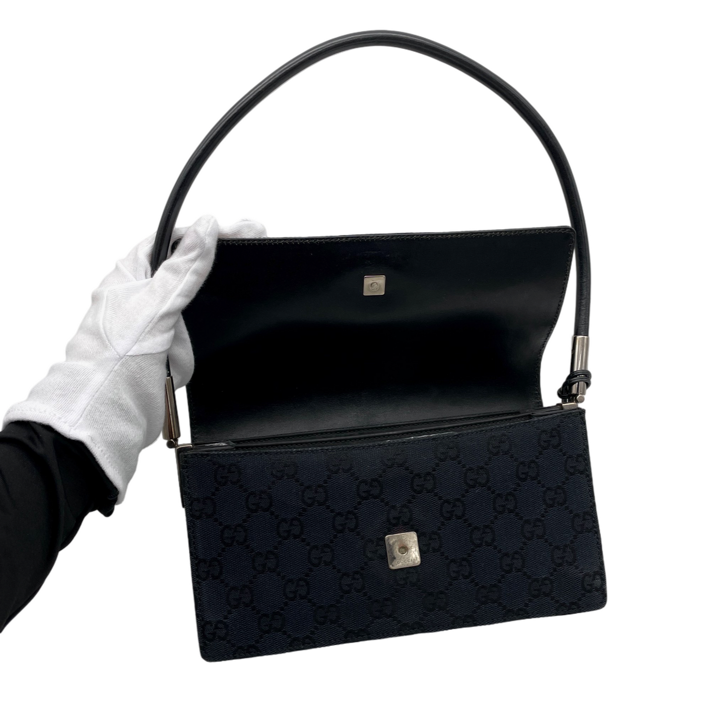 GUCCI GG Canvas On Shoulder Flap Bag Black &amp; Silver