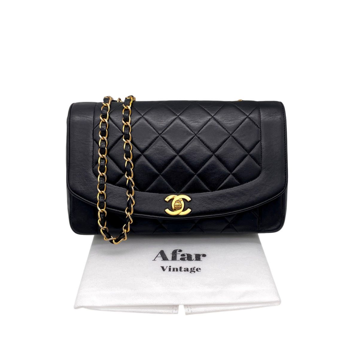 CHANEL 1998~1999 Matelassé Lambskin Diana 25cm Chain Shoulder Flap Bag Medium Black Gold