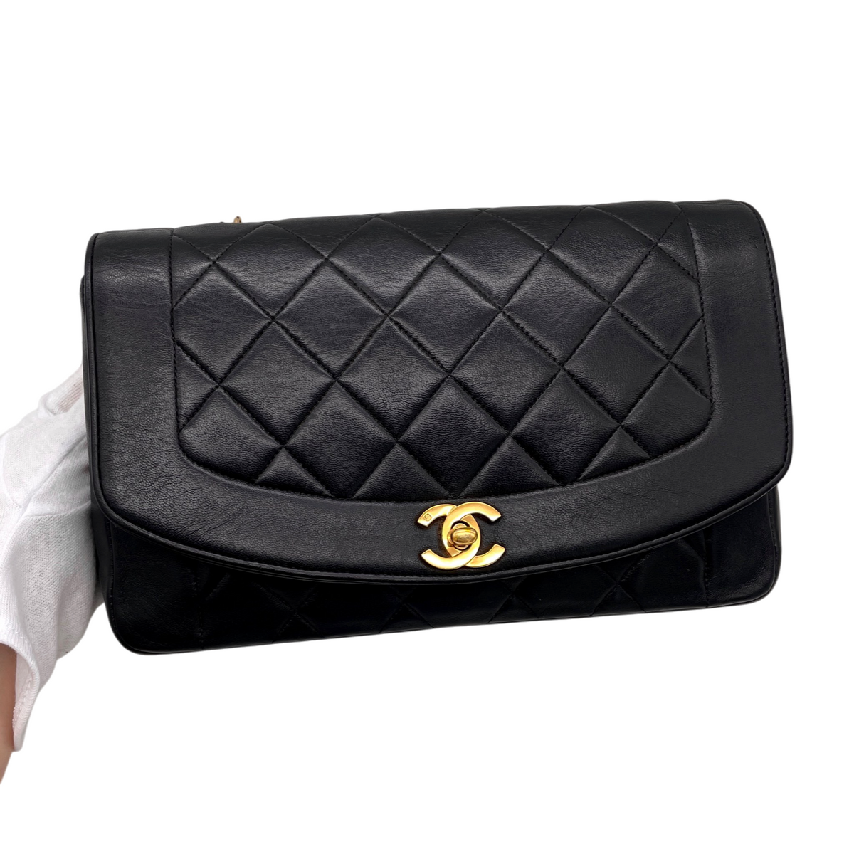 CHANEL 1998~1999 Matelassé Lambskin Diana 25cm Chain Shoulder Flap Bag Medium Black Gold