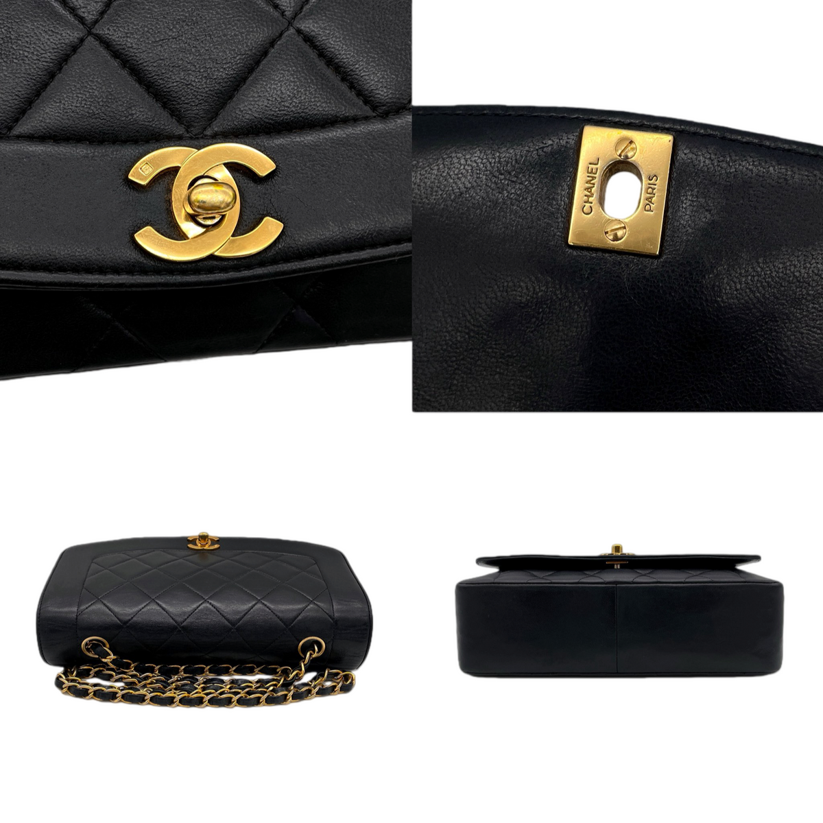 CHANEL 1998~1999 Matelassé Lambskin Diana 25cm Chain Shoulder Flap Bag Medium Black Gold