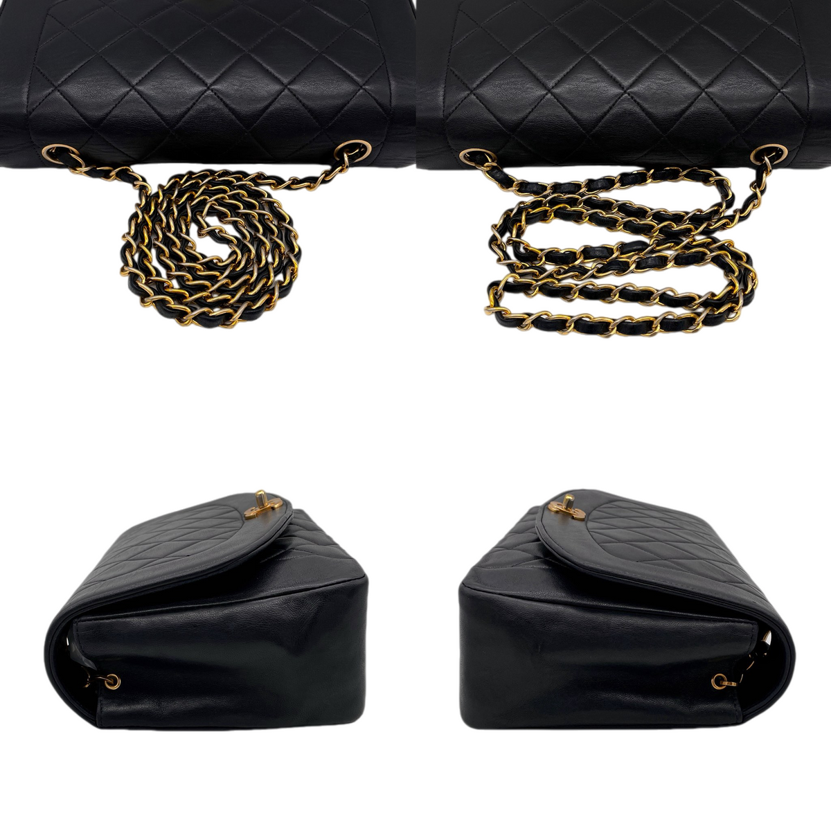 CHANEL 1998~1999 Matelassé Lambskin Diana 25cm Chain Shoulder Flap Bag Medium Black Gold