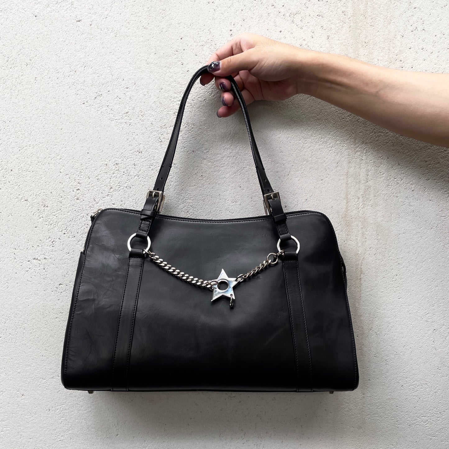 RARE★★★CHRISTIAN DIOR 2004 Hardcore Leather Star Charm Boston Top Handle Bag Medium Black/Silver