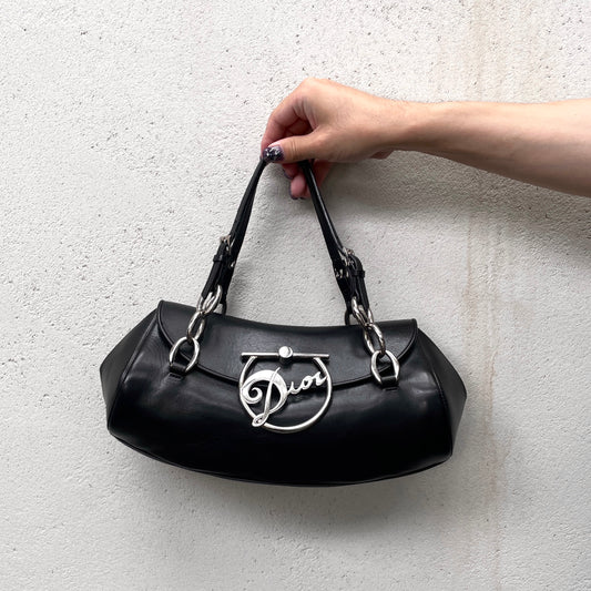 RARE★★★★★CHRISTIAN DIOR 2004 Leather Galliano Era Signature Top Handle Bag Small Black/Silver
