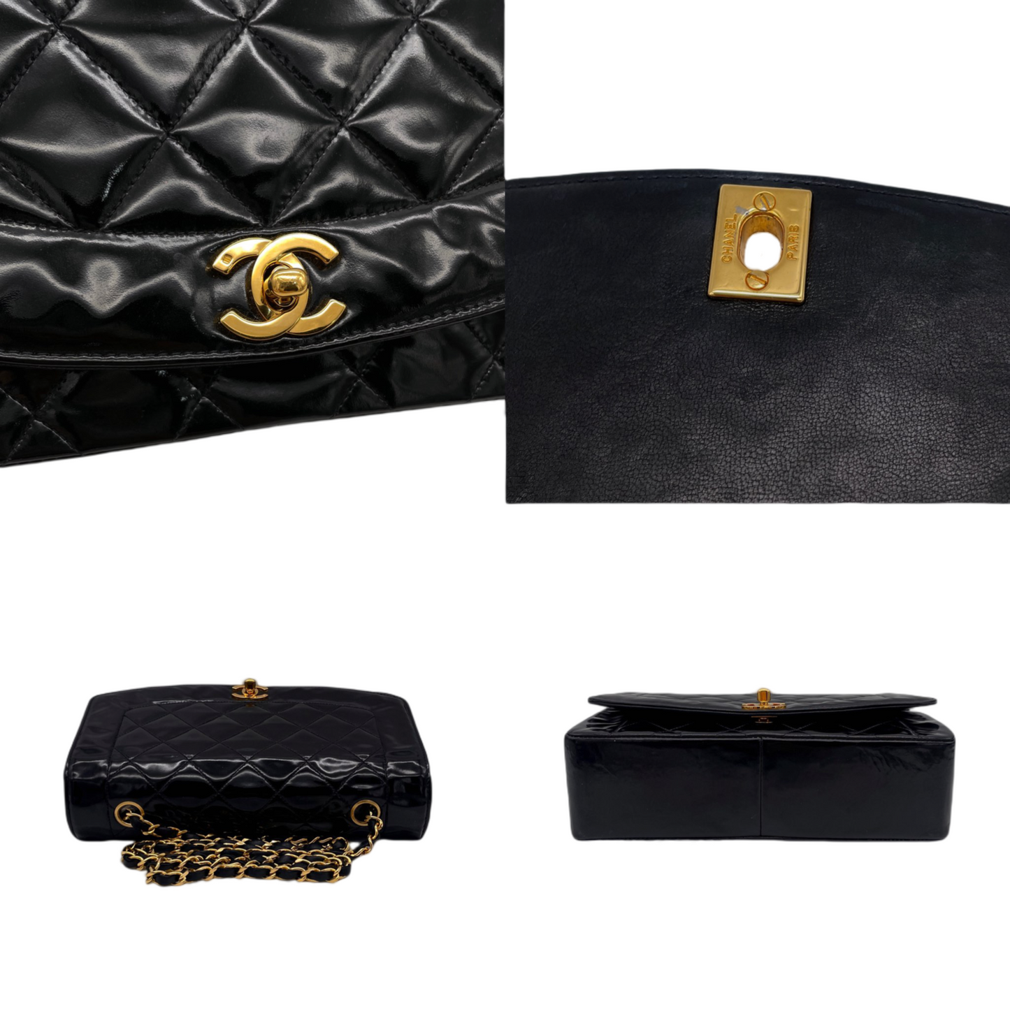 RARE☆☆☆CHANEL Matelassé Diana 25cm Enamel  Leather Chain Shoulder Single Flap Bag Black & Gold