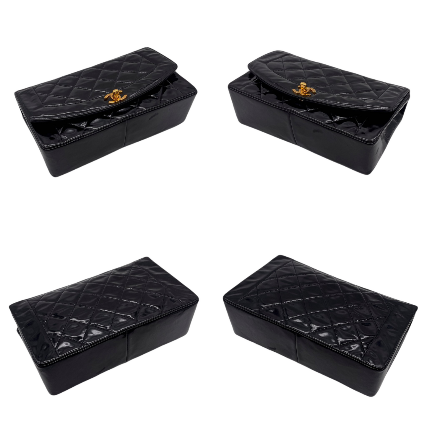 RARE☆☆☆CHANEL Matelassé Diana 25cm Enamel  Leather Chain Shoulder Single Flap Bag Black & Gold