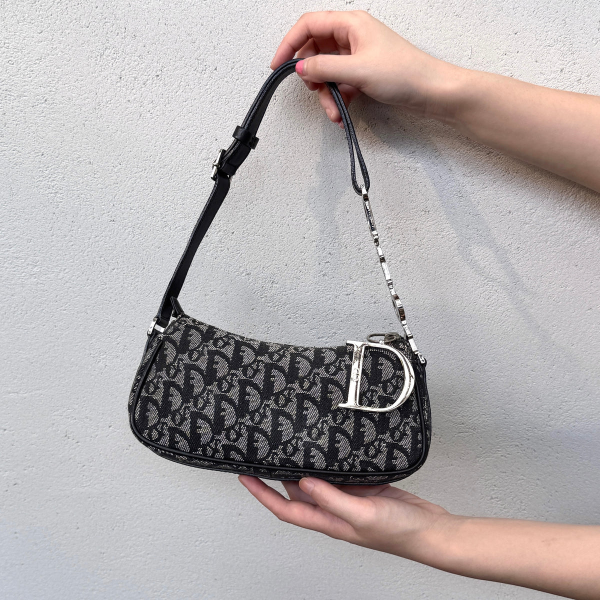 RARE★★★★CHRISTIAN DIOR 2006 Trotter Canvas and Leather D Charm Punk Shoulder Bag Small Black and Silver