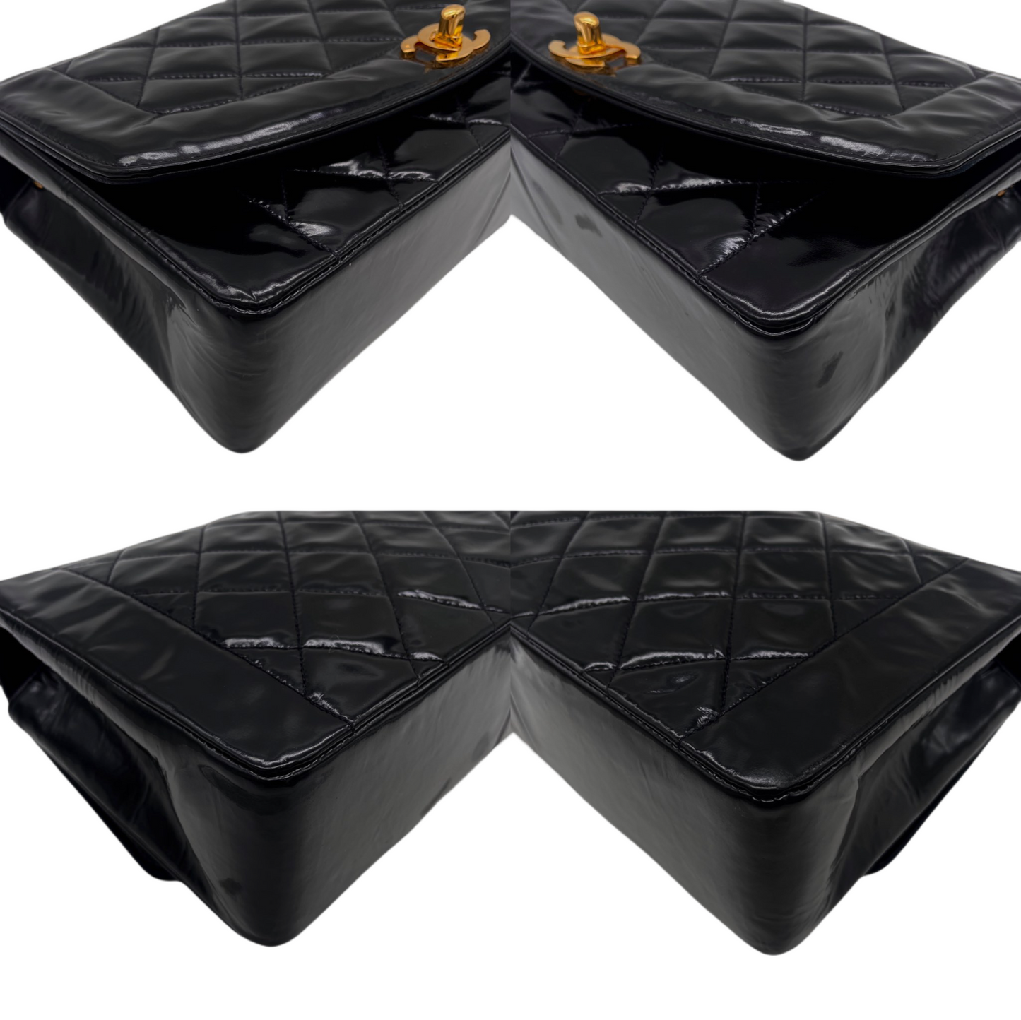 RARE☆☆☆CHANEL Matelassé Diana 25cm Enamel  Leather Chain Shoulder Single Flap Bag Black & Gold