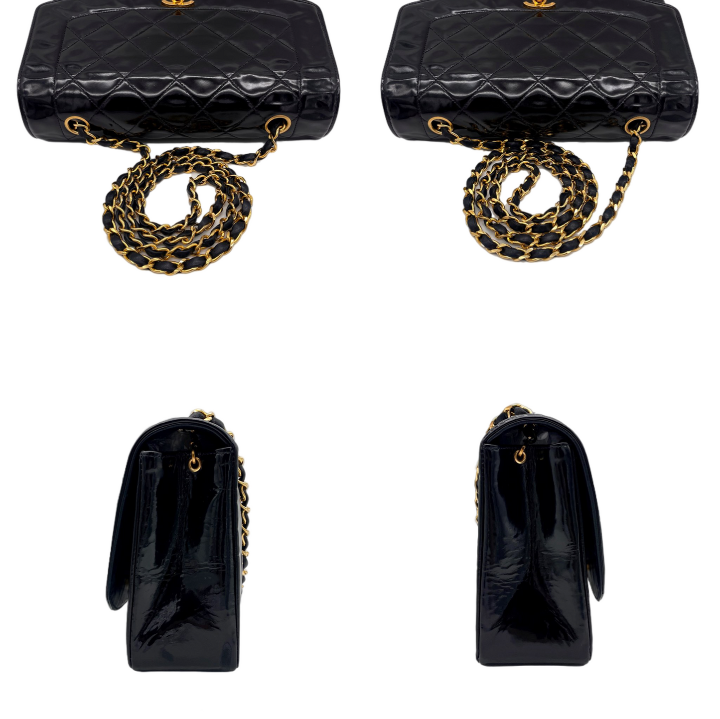 RARE☆☆☆CHANEL Matelassé Diana 25cm Enamel  Leather Chain Shoulder Single Flap Bag Black & Gold
