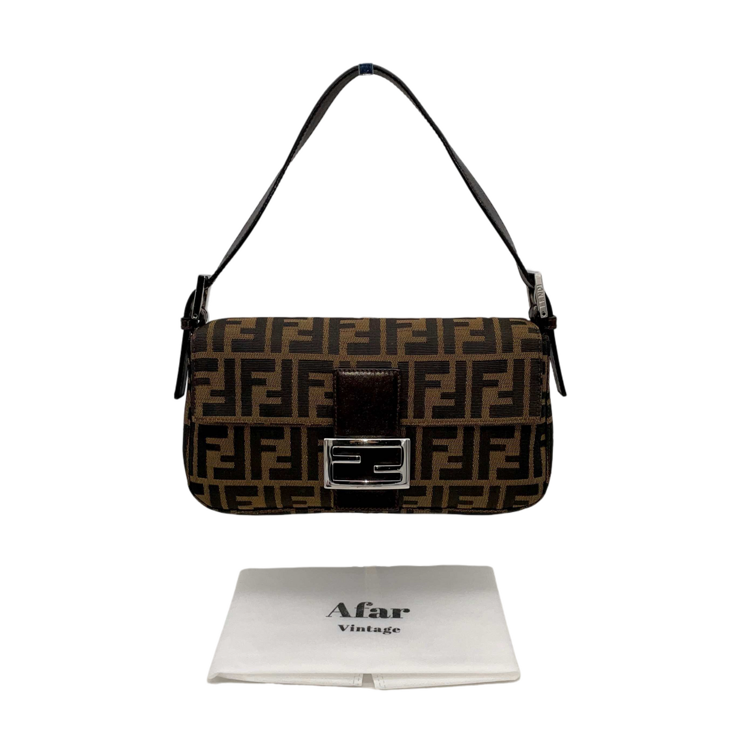 FENDI Zucca Canvas Mamma Baguette PM Shoulder Bag Brown &amp; Silver