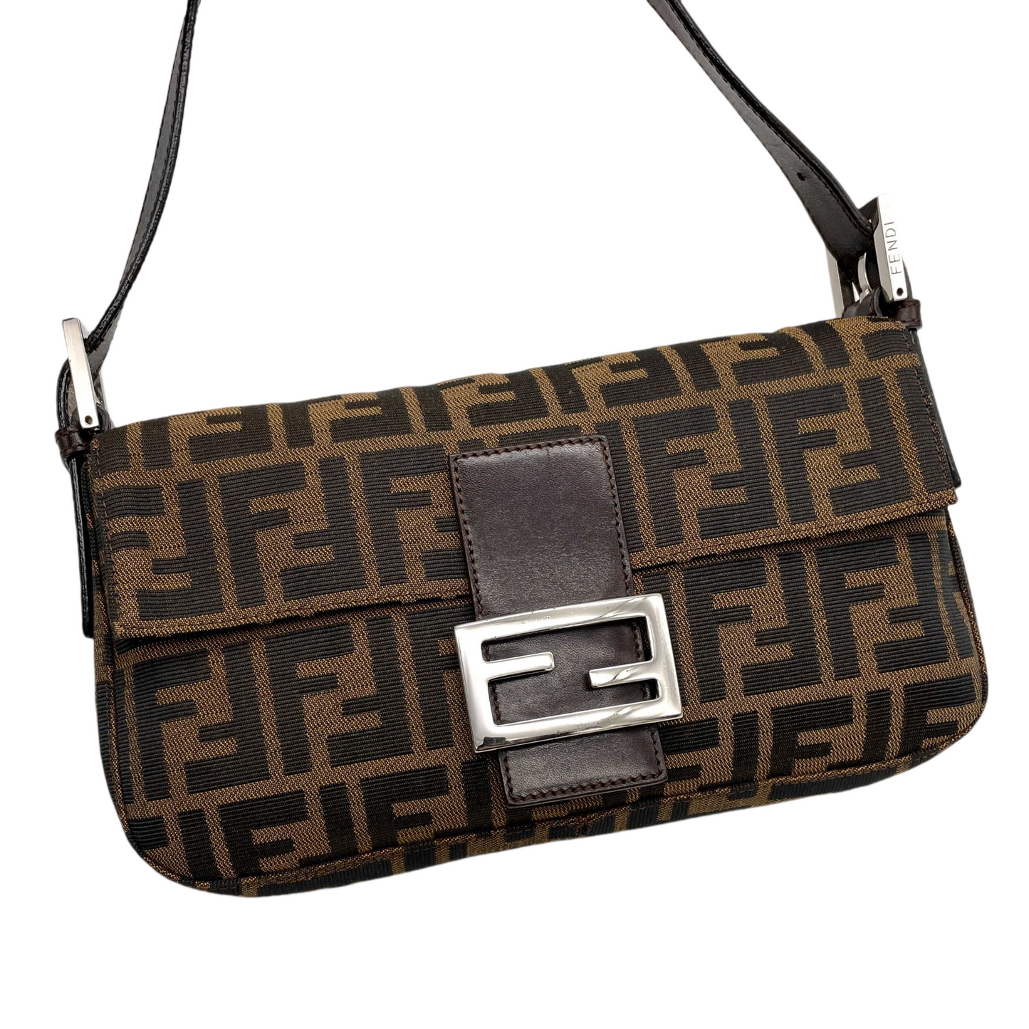 FENDI Zucca Canvas Mamma Baguette PM Shoulder Bag Brown &amp; Silver