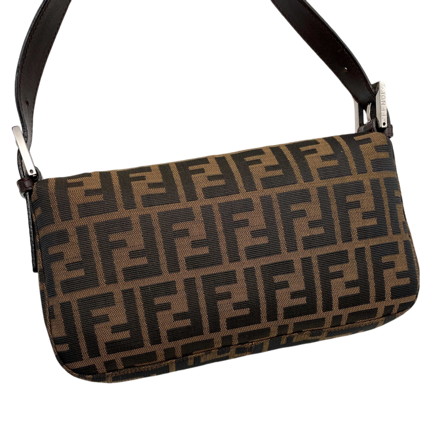 FENDI Zucca Canvas Mamma Baguette PM Shoulder Bag Brown &amp; Silver
