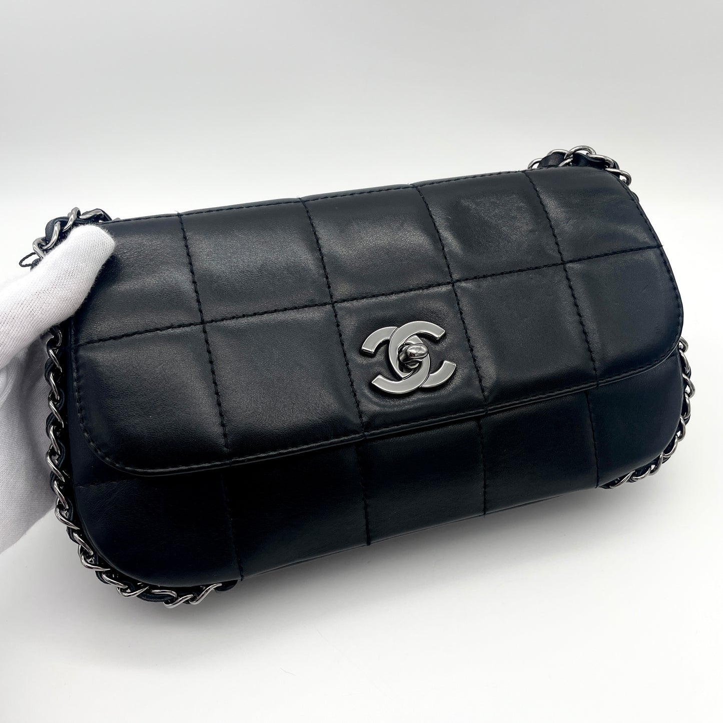 RARE☆☆☆☆☆CHANEL Chocolate Bar Turnlock 5 Chain Shoulder Flap Bag Black x Silver